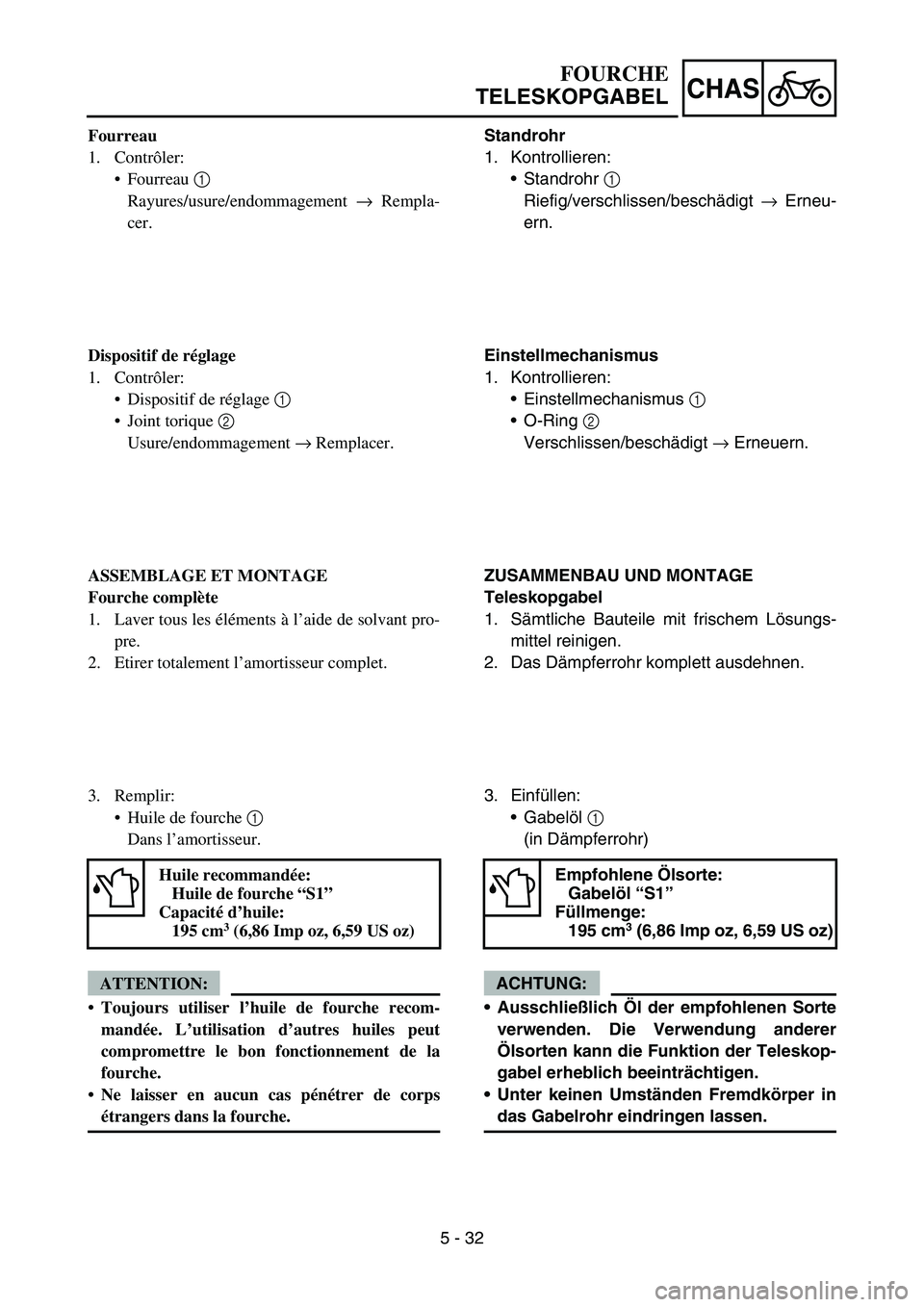 YAMAHA YZ450F 2005 Notices Demploi (in French) 5 - 32
CHAS
Fourreau
1. Contrôler:
Fourreau 1
Rayures/usure/endommagement → Rempla-
cer.
Dispositif de réglage
1. Contrôler:
Dispositif de réglage 1
Joint torique 2
Usure/endommagement → YAMAHA YZ450F 2005 Notices Demploi (in French) 5 - 32
CHAS
Fourreau
1. Contrôler:
Fourreau 1
Rayures/usure/endommagement → Rempla-
cer.
Dispositif de réglage
1. Contrôler:
Dispositif de réglage 1
Joint torique 2
Usure/endommagement →