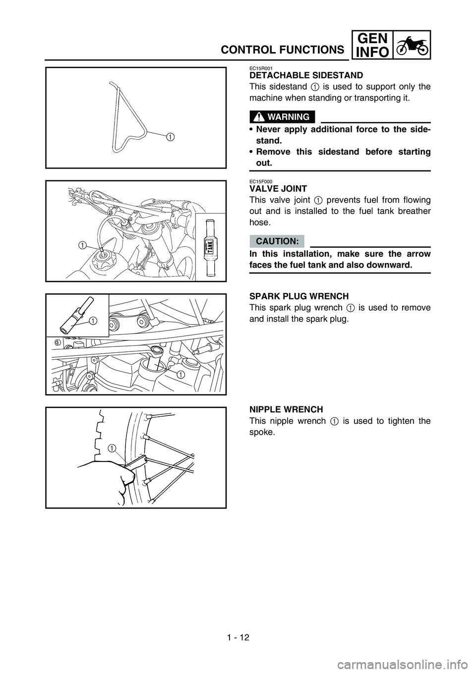 YAMAHA YZ450F 2005 Notices Demploi (in French) 1 - 12
GEN
INFO
CONTROL FUNCTIONS
EC15R001
DETACHABLE SIDESTAND
This sidestand 1 is used to support only the
machine when standing or transporting it.
WARNING
Never apply additional force to the side YAMAHA YZ450F 2005 Notices Demploi (in French) 1 - 12
GEN
INFO
CONTROL FUNCTIONS
EC15R001
DETACHABLE SIDESTAND
This sidestand 1 is used to support only the
machine when standing or transporting it.
WARNING
Never apply additional force to the side