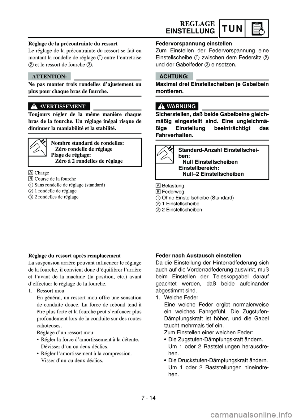 YAMAHA YZ450F 2005 Notices Demploi (in French) TUN
Federvorspannung einstellen
Zum Einstellen der Federvorspannung eine
Einstellscheibe 1 zwischen dem Federsitz 2
und der Gabelfeder 3 einsetzen.
ACHTUNG:
Maximal drei Einstellscheiben je Gabelbein
YAMAHA YZ450F 2005 Notices Demploi (in French) TUN
Federvorspannung einstellen
Zum Einstellen der Federvorspannung eine
Einstellscheibe 1 zwischen dem Federsitz 2
und der Gabelfeder 3 einsetzen.
ACHTUNG:
Maximal drei Einstellscheiben je Gabelbein