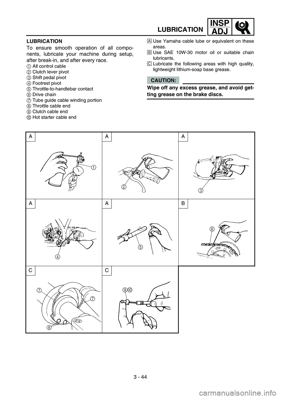 YAMAHA YZ450F 2004  Owners Manual 3 - 44
INSP
ADJ
LUBRICATION
LUBRICATION
To ensure smooth operation of all compo-
nents, lubricate your machine during setup,
after break-in, and after every race.
1All control cable
2Clutch lever pivo