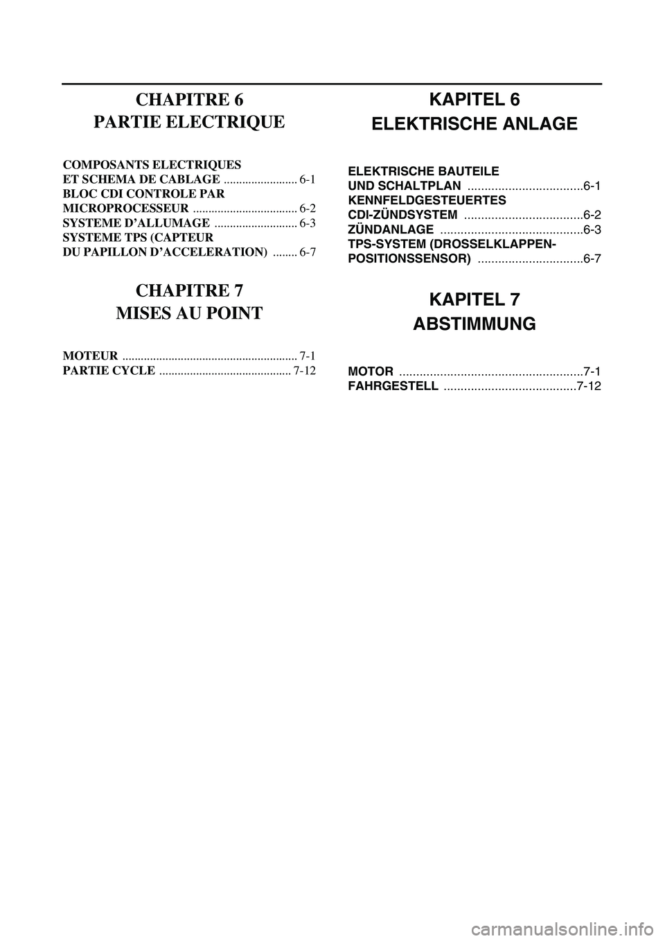 YAMAHA YZ450F 2004  Notices Demploi (in French)  
KAPITEL 6
ELEKTRISCHE ANLAGE 
ELEKTRISCHE BAUTEILE 
UND SCHALTPLAN  
..................................6-1 
KENNFELDGESTEUERTES 
CDI-ZÜNDSYSTEM  
...................................6-2 
ZÜNDANLAGE