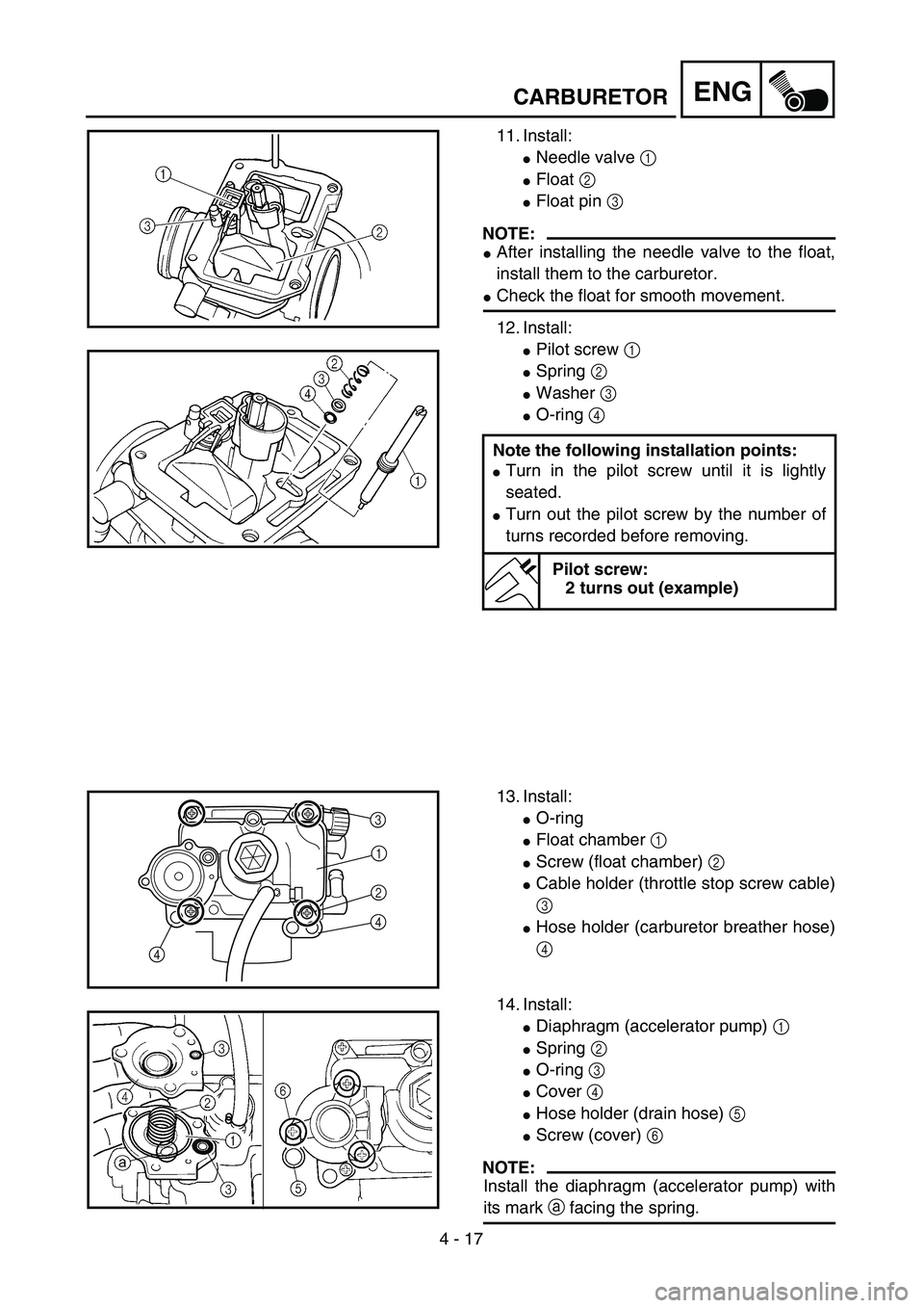 YAMAHA YZ450F 2004  Betriebsanleitungen (in German) 4 - 17
ENGCARBURETOR
11. Install:
Needle valve 1 
Float 2 
Float pin 3 
NOTE:
After installing the needle valve to the float,
install them to the carburetor.
Check the float for smooth movement.
