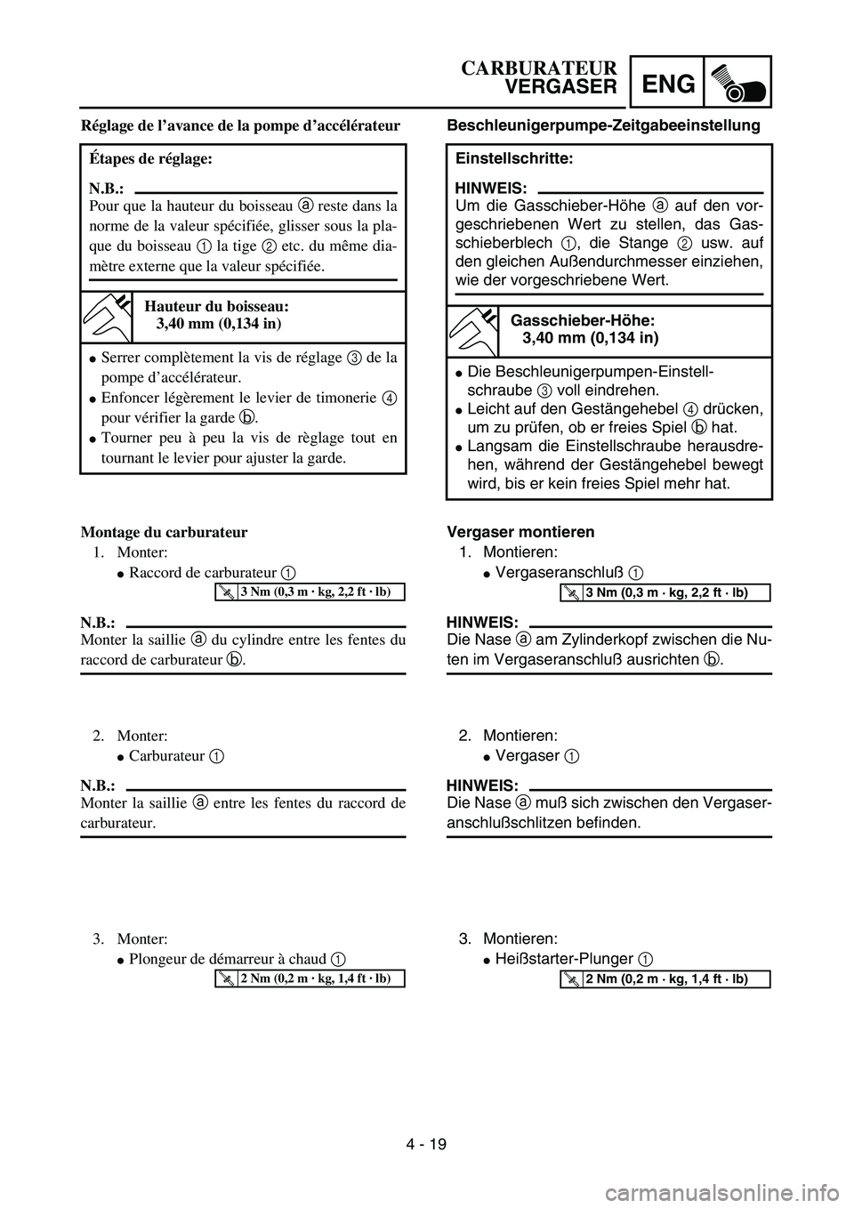 YAMAHA YZ450F 2004  Betriebsanleitungen (in German) 4 - 19
ENG
Beschleunigerpumpe-Zeitgabeeinstellung
Einstellschritte:
HINWEIS:
Um die Gasschieber-Höhe a auf den vor-
geschriebenen Wert zu stellen, das Gas-
schieberblech 1, die Stange 2 usw. auf
den 
