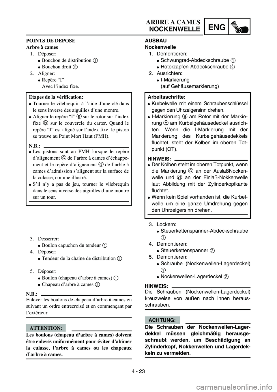 YAMAHA YZ450F 2004  Betriebsanleitungen (in German) 4 - 23
ENG
ARBRE A CAMES
NOCKENWELLE
AUSBAU
Nockenwelle
1. Demontieren:
Schwungrad-Abdeckschraube 1 
Rotorzapfen-Abdeckschraube 2 
2. Ausrichten:
I-Markierung
(auf Gehäusemarkierung)
3. Lockern:
