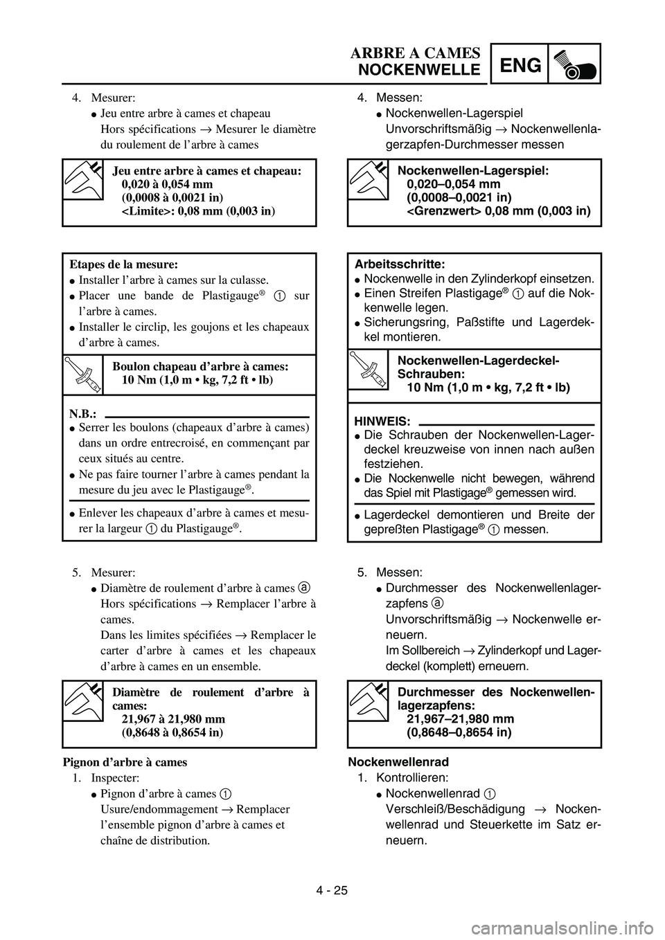 YAMAHA YZ450F 2004  Betriebsanleitungen (in German) 4 - 25
ENG
ARBRE A CAMES
NOCKENWELLE
4. Messen:
Nockenwellen-Lagerspiel
Unvorschriftsmäßig → Nockenwellenla-
gerzapfen-Durchmesser messen 
Nockenwellen-Lagerspiel:
0,020–0,054 mm 
(0,0008–0,0