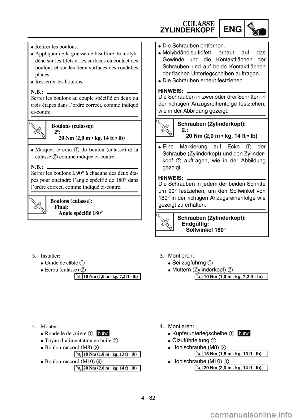 YAMAHA YZ450F 2004  Betriebsanleitungen (in German) 4 - 32
ENG
Die Schrauben entfernen.
Molybdändisulfidfett ernaut auf das
Gewinde und die Kontaktflächen der
Schrauben und auf beide Kontaktflächen
der flachen Unterlegscheiben auftragen.
Die Schr