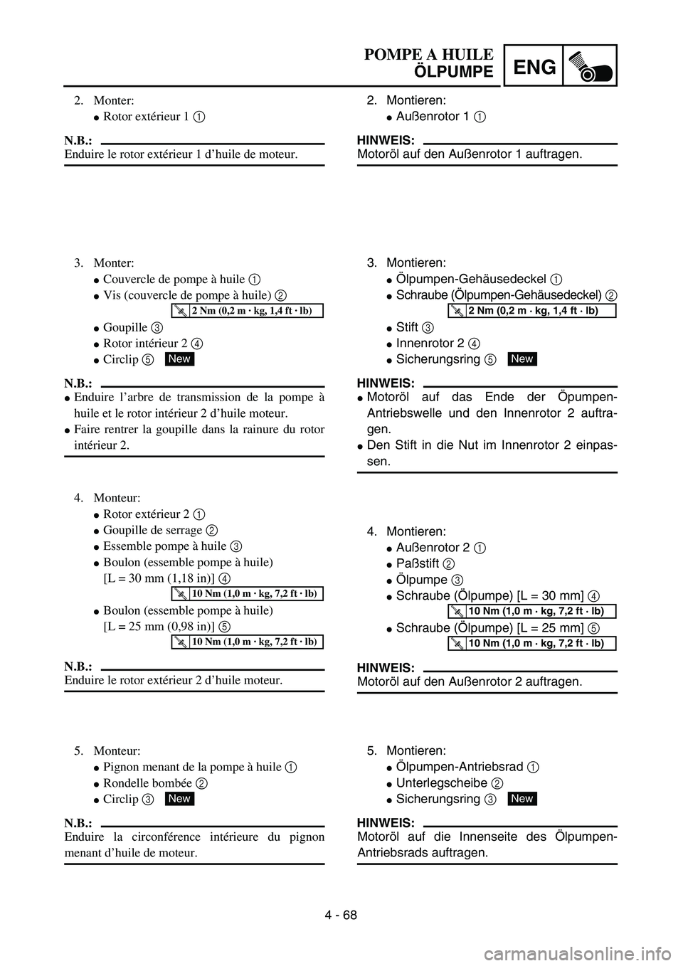 YAMAHA YZ450F 2004  Owners Manual 4 - 68
ENG
2. Montieren:
Außenrotor 1 1
HINWEIS:
Motoröl auf den Außenrotor 1 auftragen.
3. Montieren:
Ölpumpen-Gehäusedeckel 1 
Schraube (Ölpumpen-Gehäusedeckel) 2
Stift 3 
Innenrotor 2 4