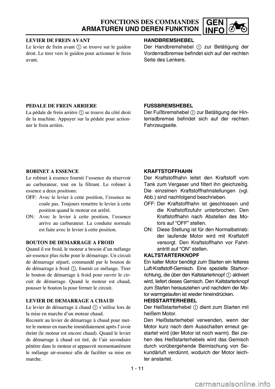 YAMAHA YZ450F 2004  Betriebsanleitungen (in German) GEN
INFOFONCTIONS DES COMMANDES
ARMATUREN UND DEREN FUNKTION
HANDBREMSHEBEL
Der Handbremshebel 1 zur Betätigung der
Vorderradbremse befindet sich auf der rechten
Seite des Lenkers.
FUSSBREMSHEBEL
Der
