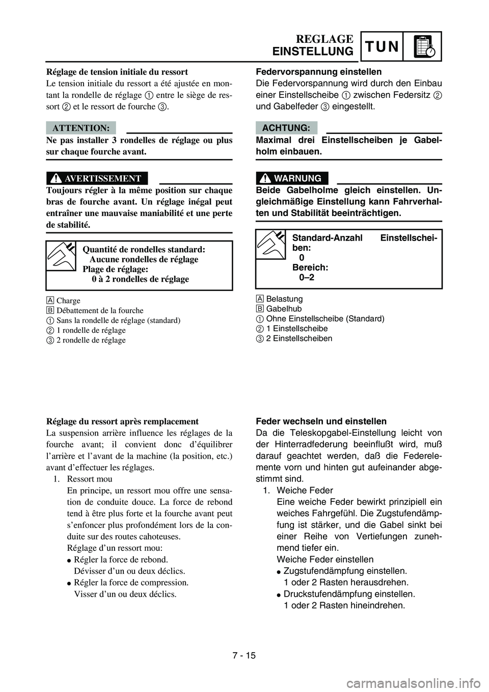 YAMAHA YZ450F 2004  Owners Manual TUN
REGLAGE
EINSTELLUNG
Federvorspannung einstellen
Die Federvorspannung wird durch den Einbau
einer Einstellscheibe 1 zwischen Federsitz 2
und Gabelfeder 3 eingestellt.
ACHTUNG:
Maximal drei Einstell