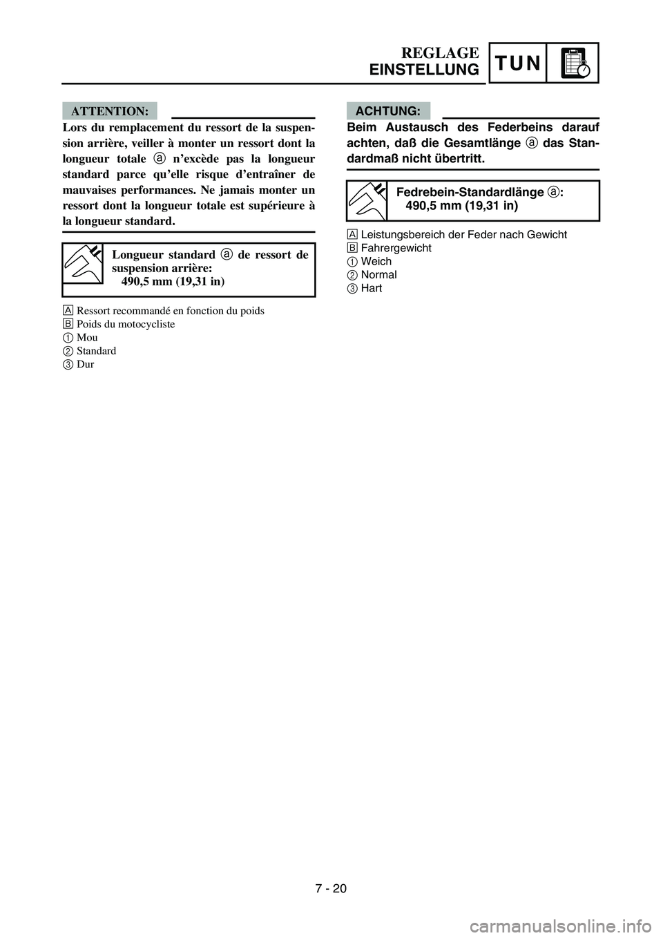 YAMAHA YZ450F 2004  Owners Manual TUN
REGLAGE
EINSTELLUNG
ACHTUNG:
Beim Austausch des Federbeins darauf
achten, daß die Gesamtlänge a das Stan-
dardmaß nicht übertritt.
ÅLeistungsbereich der Feder nach Gewicht
ıFahrergewicht 
1W