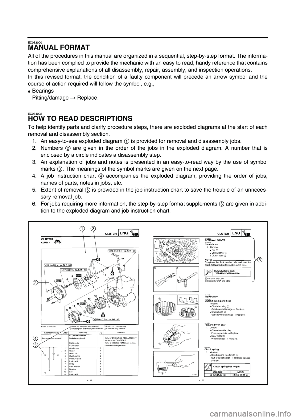 YAMAHA YZ450F 2003 User Guide  
EC083000 
MANUAL FORMAT 
All of the procedures in this manual are organized in a sequential, step-by-step format. The informa-
tion has been complied to provide the mechanic with an easy to read, ha