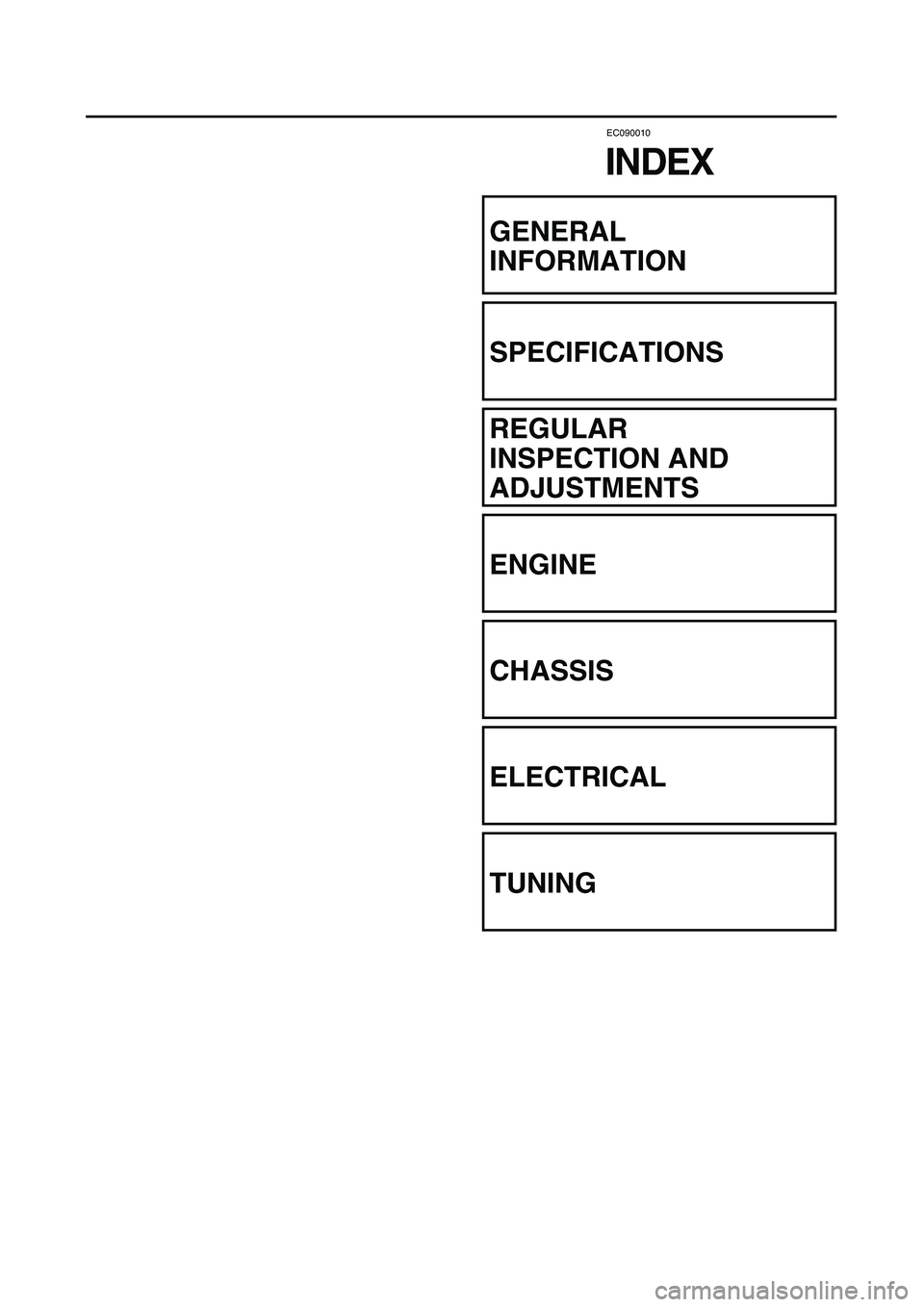 YAMAHA YZ450F 2003 User Guide  
EC090010 
INDEX 
GENERAL
INFORMATION
SPECIFICATIONS
REGULAR 
INSPECTION AND 
ADJUSTMENTS
ENGINE
CHASSIS
ELECTRICAL
TUNING 