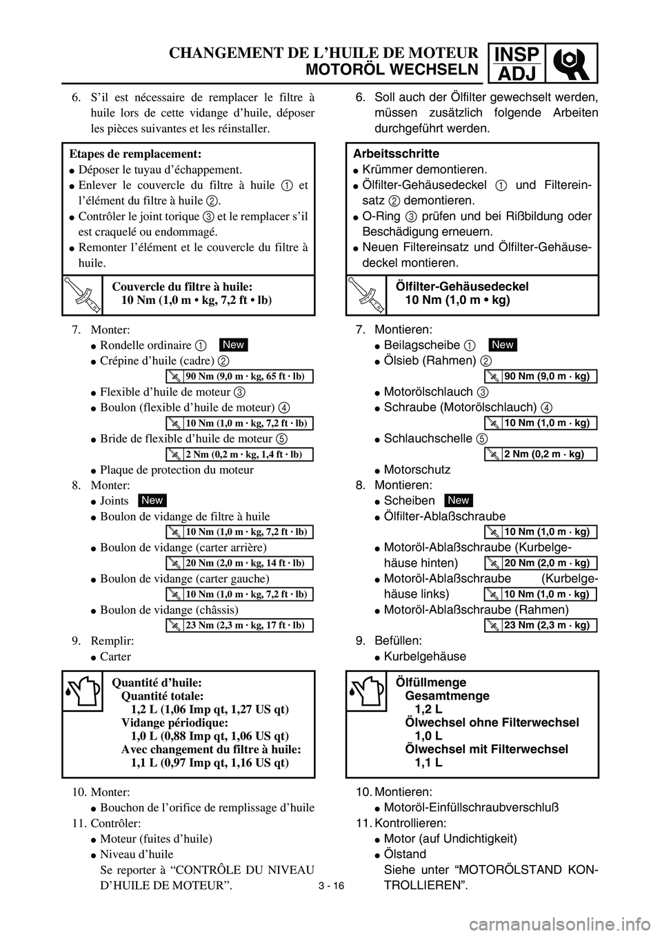 YAMAHA YZ450F 2003  Notices Demploi (in French) INSP
ADJ
 
CHANGEMENT DE L’HUILE DE MOTEUR  
MOTORÖL WECHSELN 
6. Soll auch der Ölfilter gewechselt werden,
müssen zusätzlich folgende Arbeiten
durchgeführt werden.
7. Montieren: 
 
Beilagsche