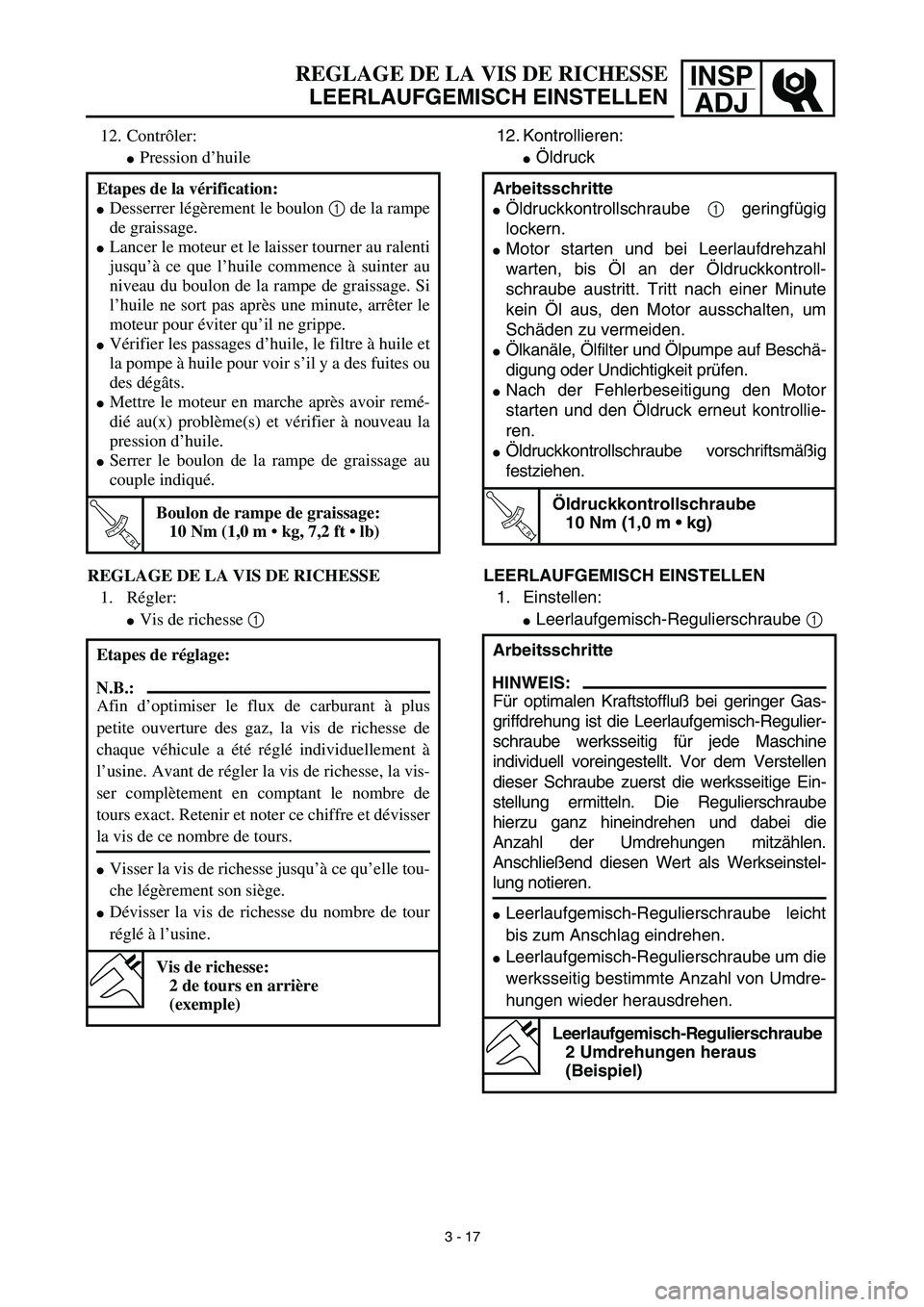 YAMAHA YZ450F 2003  Notices Demploi (in French) INSP
ADJ
12. Kontrollieren:
Öldruck
Arbeitsschritte
Öldruckkontrollschraube 1 geringfügig
lockern.
Motor starten und bei Leerlaufdrehzahl
warten, bis Öl an der Öldruckkontroll-
schraube austri