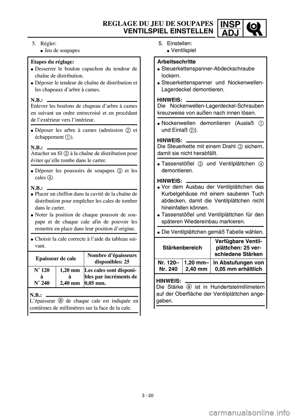 YAMAHA YZ450F 2003  Notices Demploi (in French) INSP
ADJREGLAGE DU JEU DE SOUPAPES
VENTILSPIEL EINSTELLEN
5. Einstellen:
Ventilspiel
Arbeitsschritte
Steuerkettenspanner-Abdeckschraube
lockern.
Steuerkettenspanner und Nockenwellen-
Lagerdeckel de