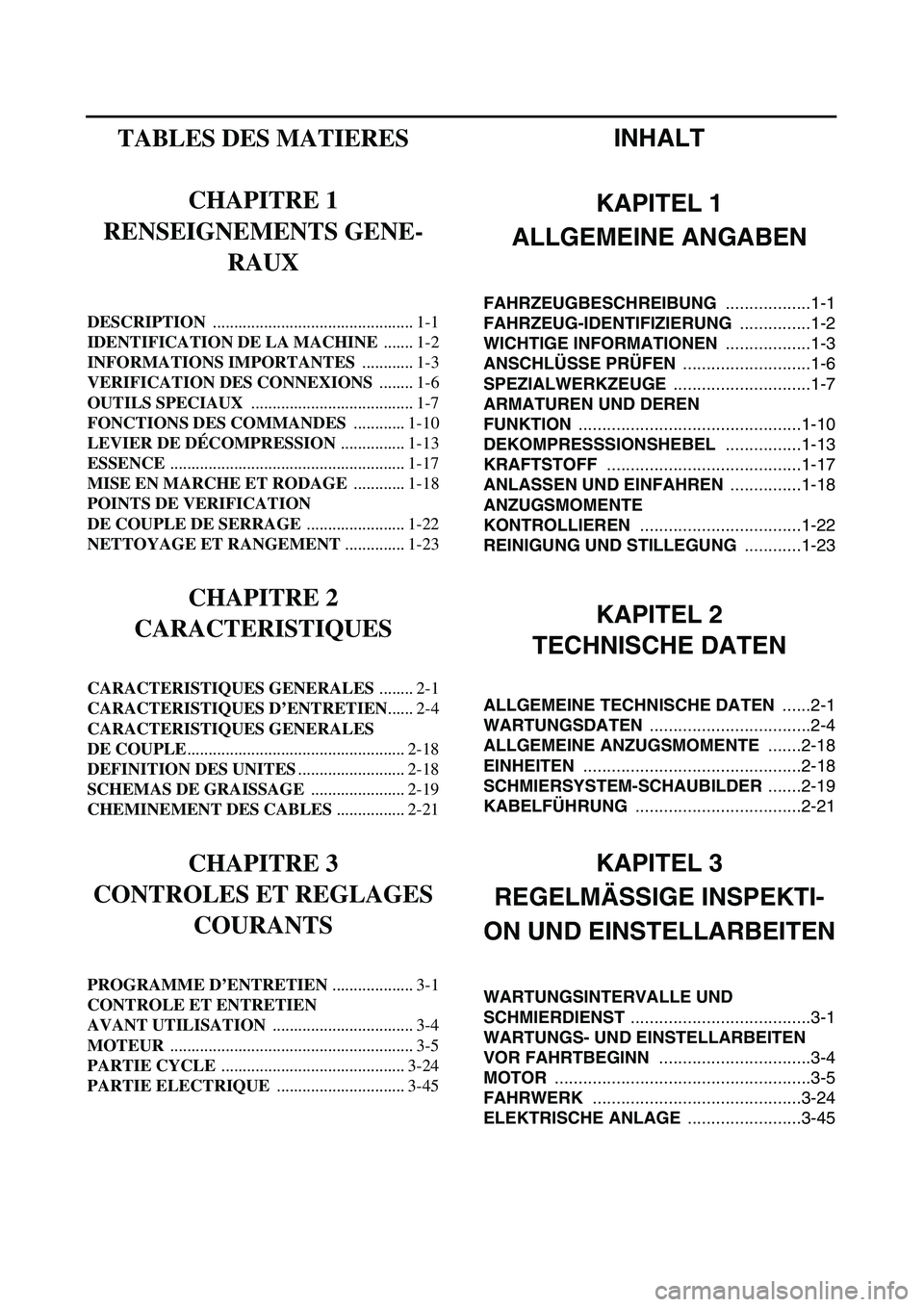 YAMAHA YZ450F 2003 Owners Manual  
INHALT
KAPITEL 1
ALLGEMEINE ANGABEN 
FAHRZEUGBESCHREIBUNG   
..................1-1  
FAHRZEUG-IDENTIFIZIERUNG   
...............1-2  
WICHTIGE INFORMATIONEN   
..................1-3  
ANSCHLÜSSE PR