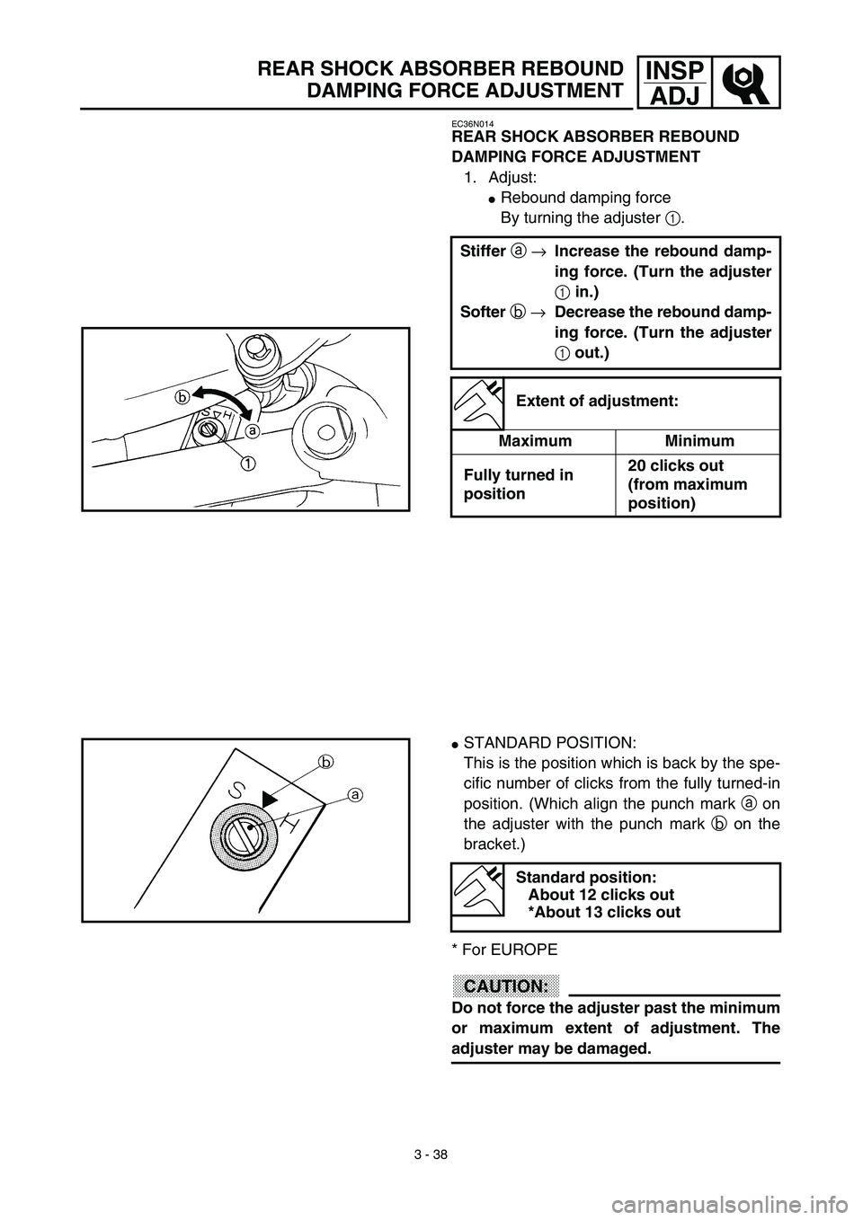 YAMAHA YZ450F 2003  Notices Demploi (in French) 3 - 38
INSP
ADJREAR SHOCK ABSORBER REBOUND
DAMPING FORCE ADJUSTMENT
EC36N014
REAR SHOCK ABSORBER REBOUND 
DAMPING FORCE ADJUSTMENT
1. Adjust:
Rebound damping force
By turning the adjuster 1.
Stiffer 