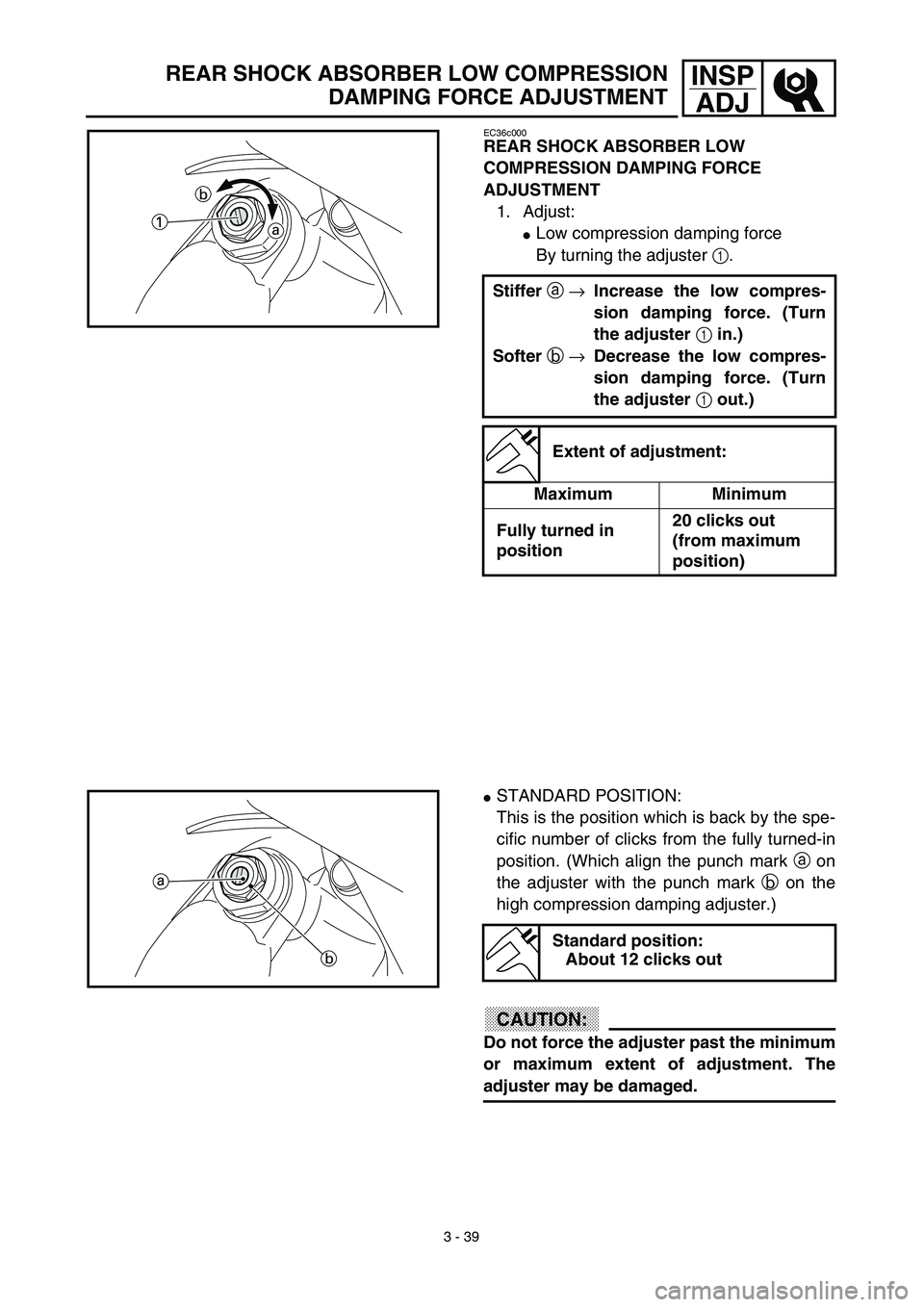 YAMAHA YZ450F 2003  Notices Demploi (in French) 3 - 39
INSP
ADJREAR SHOCK ABSORBER LOW COMPRESSION
DAMPING FORCE ADJUSTMENT
EC36c000
REAR SHOCK ABSORBER LOW 
COMPRESSION DAMPING FORCE 
ADJUSTMENT
1. Adjust:
Low compression damping force
By turning