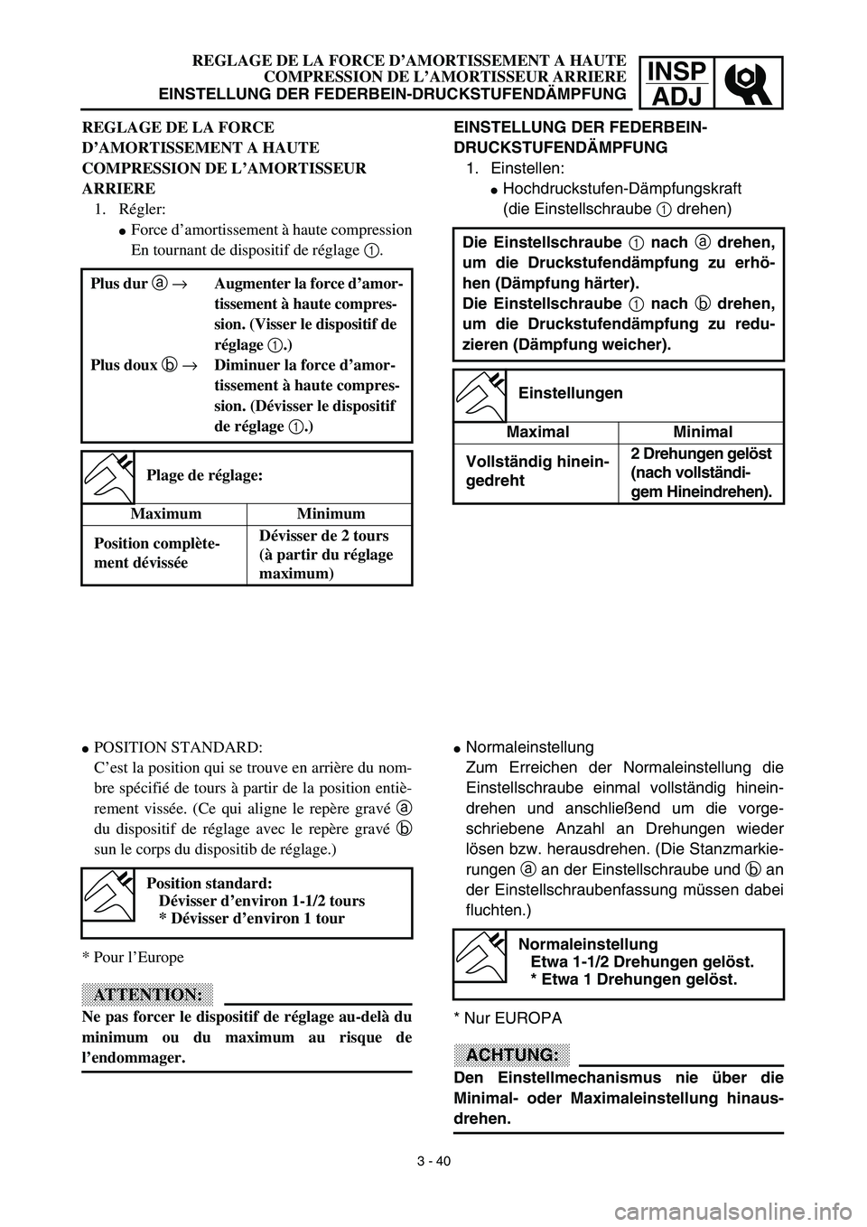 YAMAHA YZ450F 2003  Notices Demploi (in French) INSP
ADJ
EINSTELLUNG DER FEDERBEIN-
DRUCKSTUFENDÄMPFUNG
1. Einstellen:
Hochdruckstufen-Dämpfungskraft
(die Einstellschraube 1 drehen)
Die Einstellschraube 1 nach a drehen,
um die Druckstufendämpfu