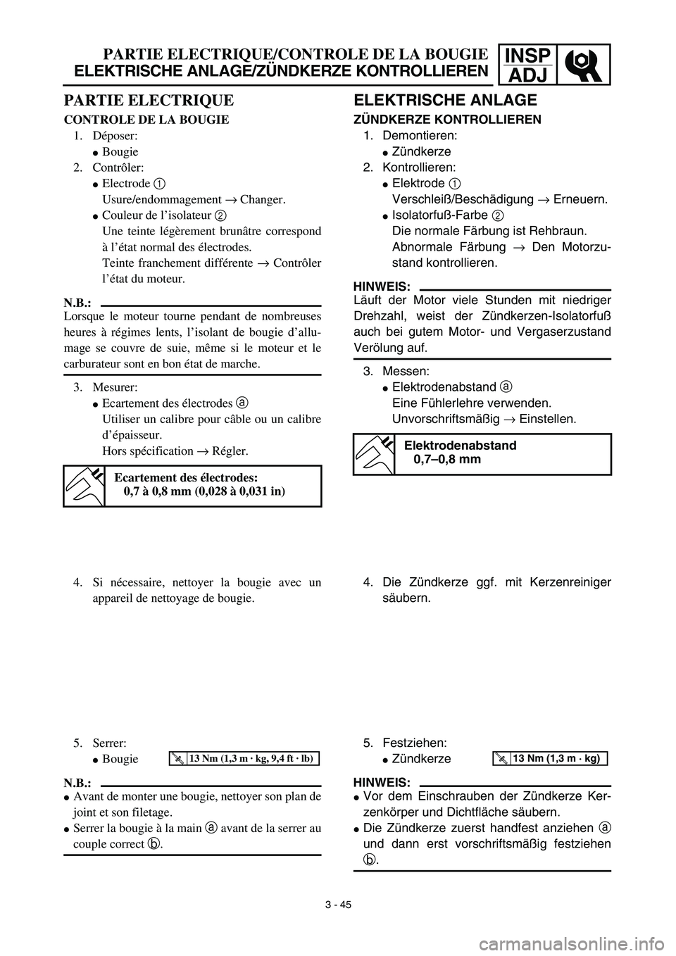 YAMAHA YZ450F 2003  Notices Demploi (in French) INSP
ADJ
PARTIE ELECTRIQUE
CONTROLE DE LA BOUGIE
1. Déposer:
Bougie
2. Contrôler:
Electrode 1 
Usure/endommagement → Changer.
Couleur de l’isolateur 2 
Une teinte légèrement brunâtre corre