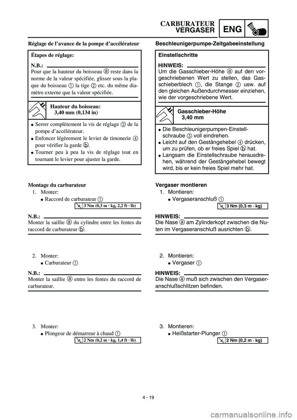 YAMAHA YZ450F 2003  Notices Demploi (in French) 4 - 19
ENG
Beschleunigerpumpe-Zeitgabeeinstellung
Einstellschritte
HINWEIS:
Um die Gasschieber-Höhe a auf den vor-
geschriebenen Wert zu stellen, das Gas-
schieberblech 1, die Stange 2 usw. auf
den g