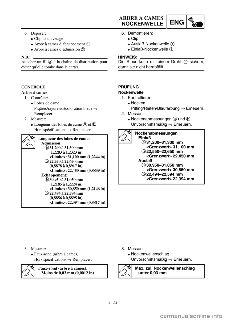 YAMAHA YZ450F 2003  Notices Demploi (in French) 4 - 24
ENG
ARBRE A CAMES
NOCKENWELLE
6. Demontieren:
Clip
Auslaß-Nockenwelle 1 
Einlaß-Nockenwelle 2 
HINWEIS:
Die Steuerkette mit einem Draht 3 sichern,
damit sie nicht herabfällt.
PRÜFUNG
Noc