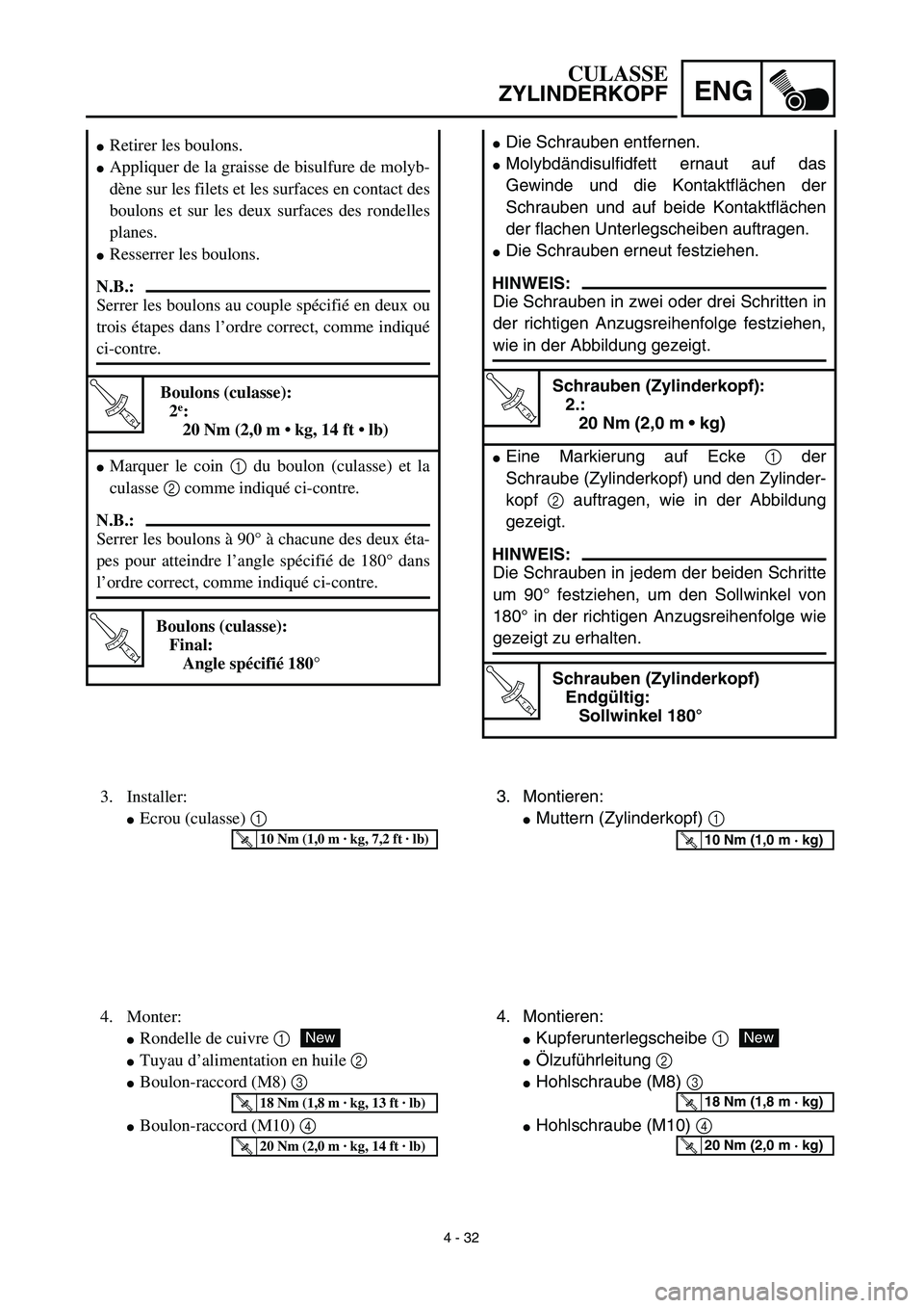 YAMAHA YZ450F 2003  Notices Demploi (in French) 4 - 32
ENG
Die Schrauben entfernen.
Molybdändisulfidfett ernaut auf das
Gewinde und die Kontaktflächen der
Schrauben und auf beide Kontaktflächen
der flachen Unterlegscheiben auftragen.
Die Schr