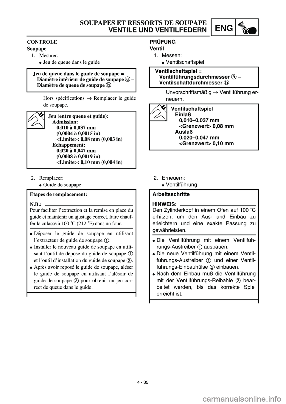 YAMAHA YZ450F 2003  Notices Demploi (in French) 4 - 35
ENG
SOUPAPES ET RESSORTS DE SOUPAPE
VENTILE UND VENTILFEDERN
PRÜFUNG
Ventil
1. Messen:
Ventilschaftspiel
Unvorschriftsmäßig → Ventilführung er-
neuern. Ventilschaftspiel =
Ventilführung
