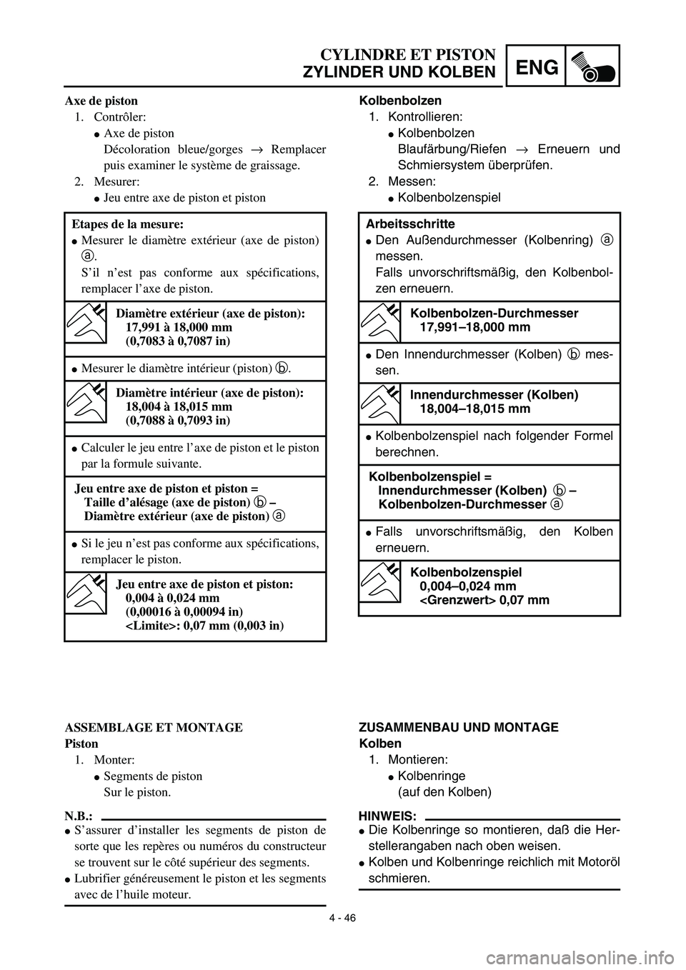 YAMAHA YZ450F 2003  Notices Demploi (in French) 4 - 46
ENG
CYLINDRE ET PISTON
ZYLINDER UND KOLBEN
Kolbenbolzen
1. Kontrollieren:
Kolbenbolzen
Blaufärbung/Riefen → Erneuern und
Schmiersystem überprüfen.
2. Messen:
Kolbenbolzenspiel
ZUSAMMENBA