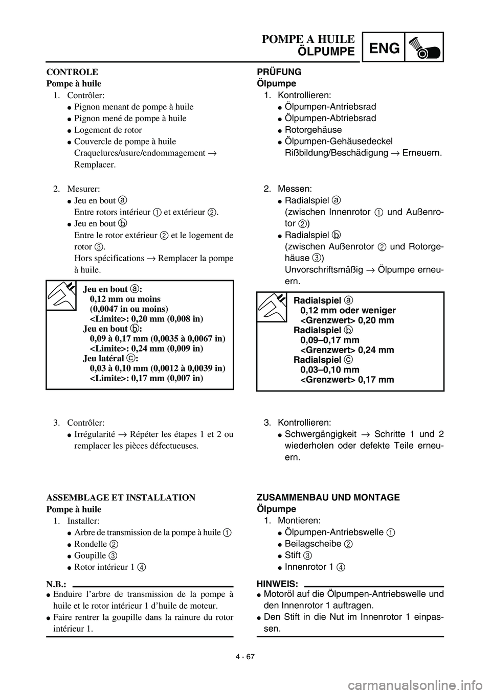YAMAHA YZ450F 2003  Notices Demploi (in French) 4 - 67
ENG
POMPE A HUILE
ÖLPUMPE
PRÜFUNG
Ölpumpe
1. Kontrollieren:
Ölpumpen-Antriebsrad
Ölpumpen-Abtriebsrad
Rotorgehäuse
Ölpumpen-Gehäusedeckel
Rißbildung/Beschädigung → Erneuern.
2. 
