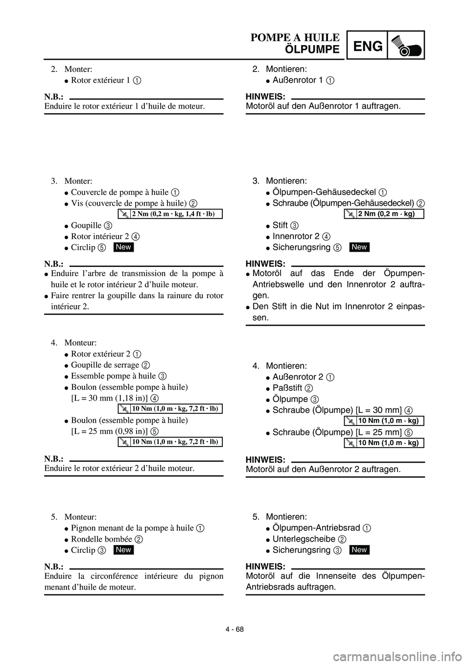 YAMAHA YZ450F 2003  Notices Demploi (in French) 4 - 68
ENG
2. Montieren:
Außenrotor 1 1
HINWEIS:
Motoröl auf den Außenrotor 1 auftragen.
3. Montieren:
Ölpumpen-Gehäusedeckel 1 
Schraube (Ölpumpen-Gehäusedeckel) 2
Stift 3 
Innenrotor 2 4