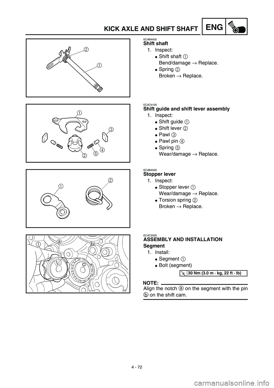 YAMAHA YZ450F 2003  Notices Demploi (in French) 4 - 72
ENGKICK AXLE AND SHIFT SHAFT
EC4B4400
Shift shaft
1. Inspect:
Shift shaft 1 
Bend/damage → Replace.
Spring 2 
Broken → Replace.
EC4C4100
Shift guide and shift lever assembly
1. Inspect:

