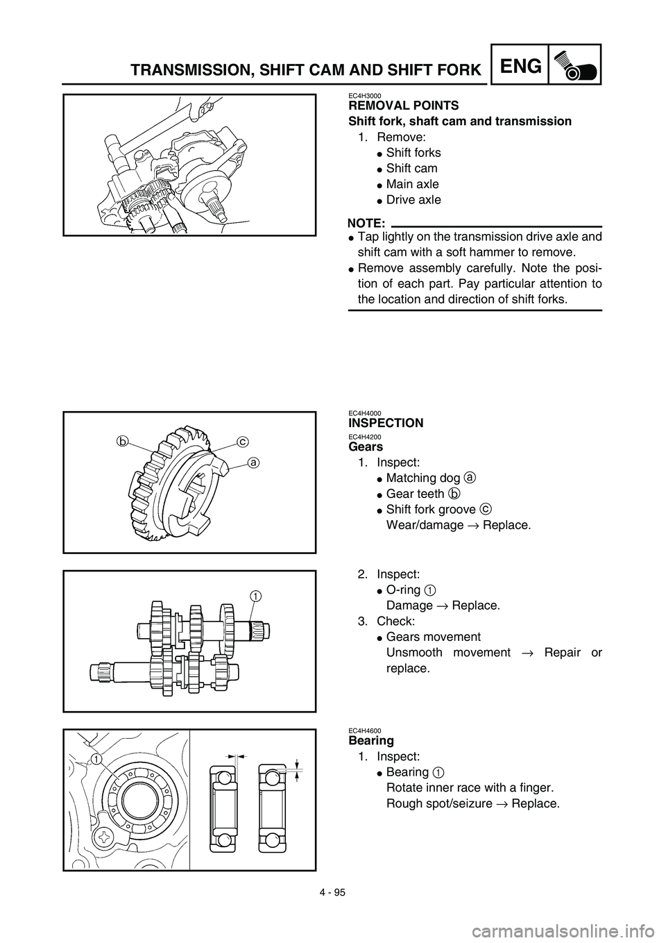 YAMAHA YZ450F 2003  Notices Demploi (in French) 4 - 95
ENGTRANSMISSION, SHIFT CAM AND SHIFT FORK
EC4H3000
REMOVAL POINTS
Shift fork, shaft cam and transmission
1. Remove:
Shift forks
Shift cam
Main axle
Drive axle
NOTE:
Tap lightly on the tran