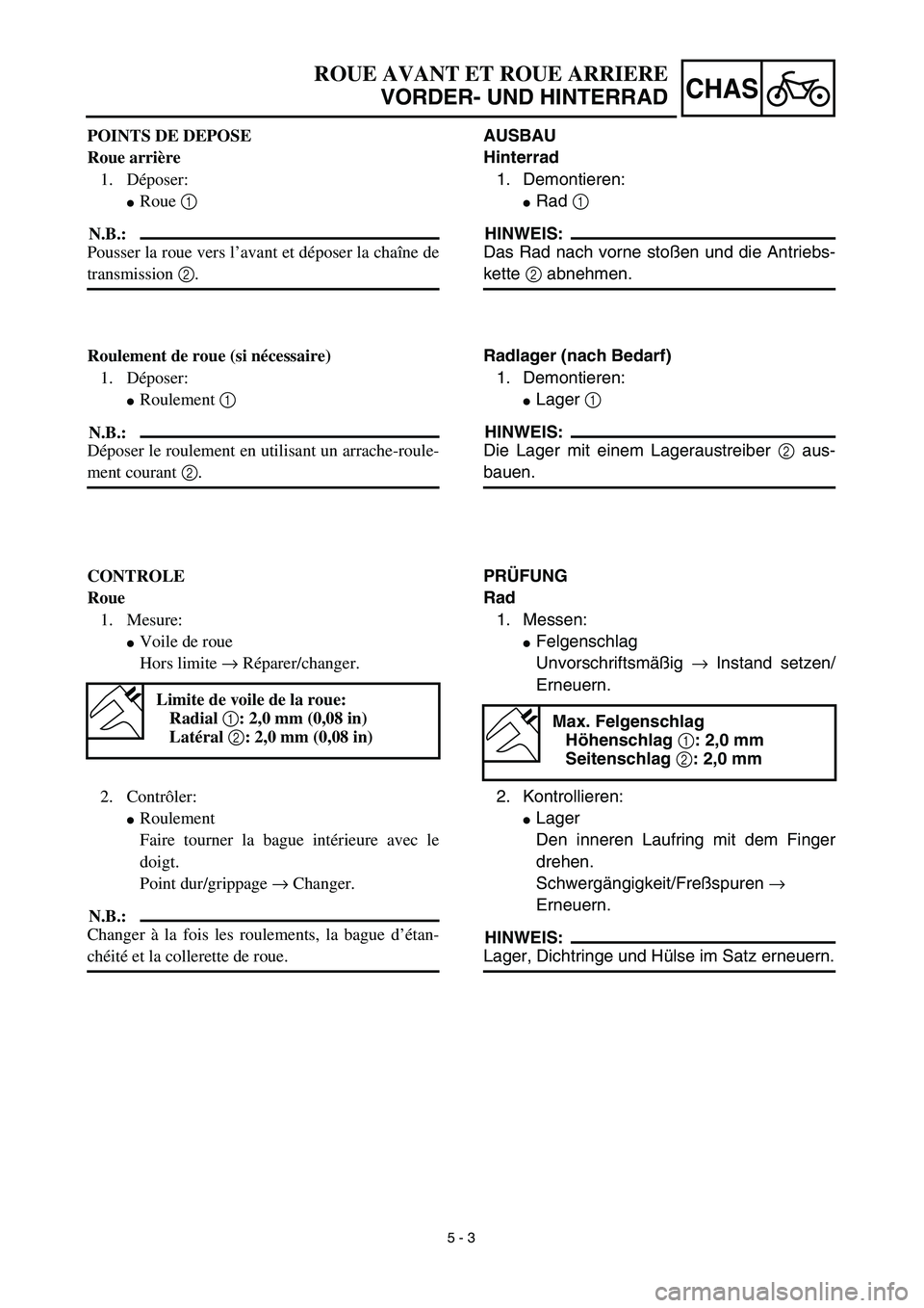 YAMAHA YZ450F 2003  Notices Demploi (in French)  
5 - 3
CHAS
 
ROUE AVANT ET ROUE ARRIERE 
VORDER- UND HINTERRAD 
AUSBAU
Hinterrad 
1. Demontieren: 
 
Rad   
1  
 
HINWEIS:
 
Das Rad nach vorne stoßen und die Antriebs- 
kette  
2 
 abnehmen. 
Rad