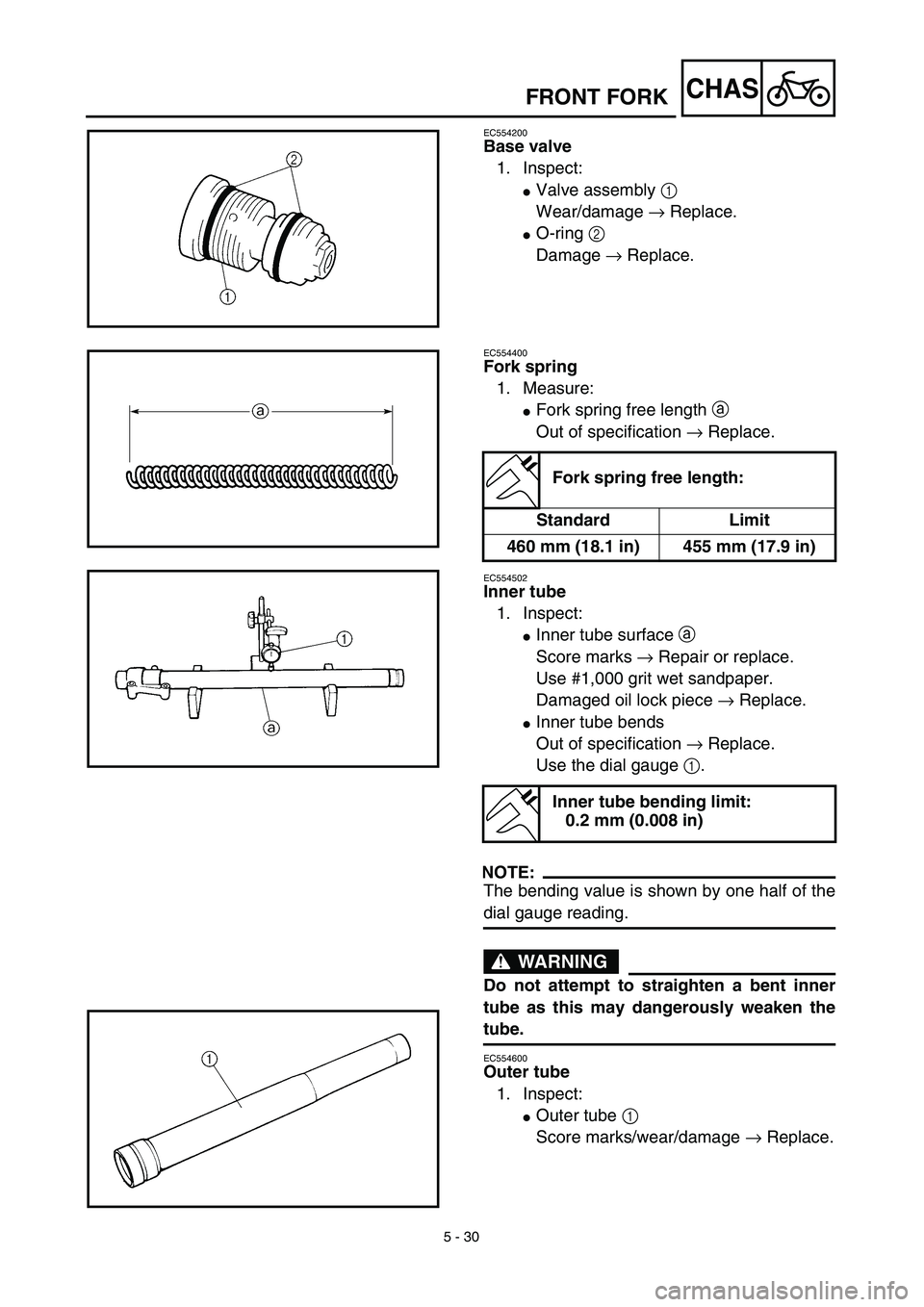 YAMAHA YZ450F 2003  Notices Demploi (in French) 5 - 30
CHAS
EC554200
Base valve
1. Inspect:
Valve assembly 1 
Wear/damage → Replace.
O-ring 2 
Damage → Replace.
EC554400
Fork spring
1. Measure:
Fork spring free length a 
Out of specification