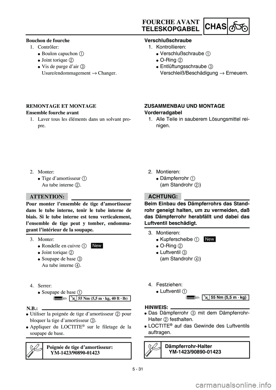 YAMAHA YZ450F 2003  Notices Demploi (in French) 5 - 31
CHAS
Verschlußschraube
1. Kontrollieren:
Verschlußschraube 1 
O-Ring 2 
Entlüftungsschraube 3 
Verschleiß/Beschädigung → Erneuern.
ZUSAMMENBAU UND MONTAGE
Vorderradgabel
1. Alle Teile