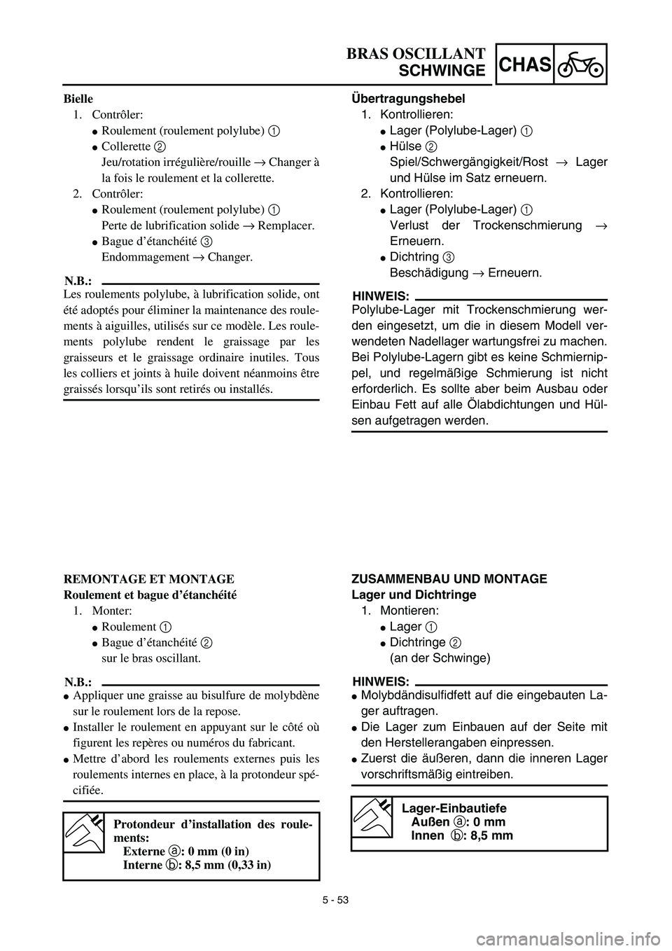 YAMAHA YZ450F 2003  Notices Demploi (in French) 5 - 53
CHAS
BRAS OSCILLANT
SCHWINGE
Übertragungshebel
1. Kontrollieren:
Lager (Polylube-Lager) 1 
Hülse 2 
Spiel/Schwergängigkeit/Rost → Lager
und Hülse im Satz erneuern.
2. Kontrollieren:
La