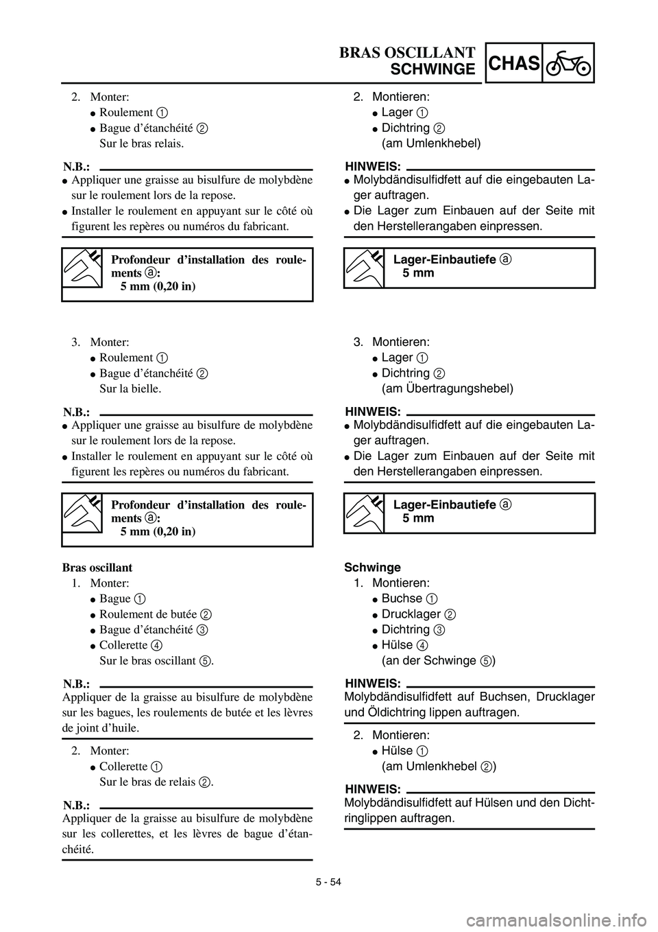 YAMAHA YZ450F 2003  Notices Demploi (in French) 5 - 54
CHAS
BRAS OSCILLANT
SCHWINGE
2. Montieren:
Lager 1 
Dichtring 2 
(am Umlenkhebel)
HINWEIS:
Molybdändisulfidfett auf die eingebauten La-
ger auftragen.
Die Lager zum Einbauen auf der Seite 