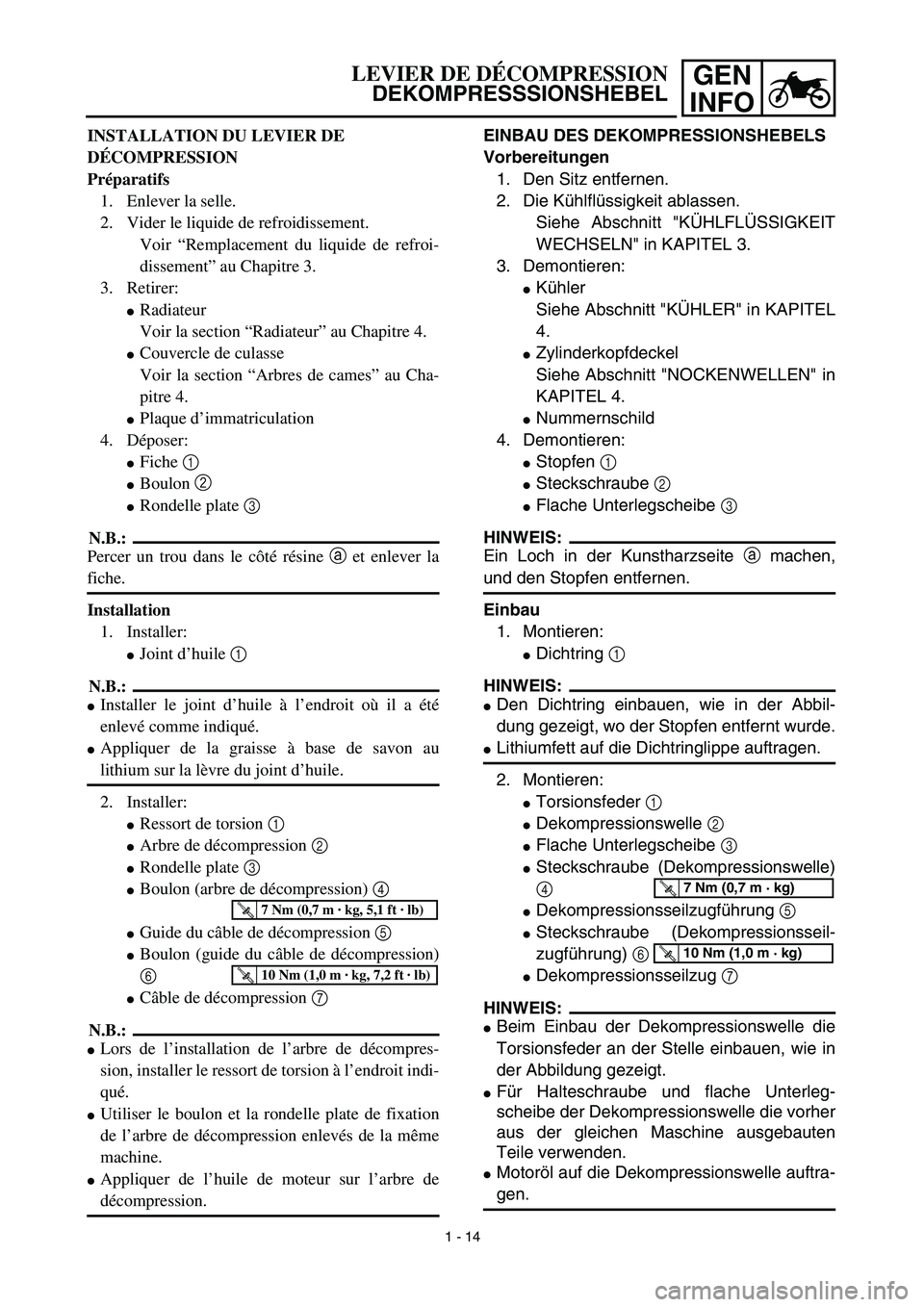 YAMAHA YZ450F 2003  Notices Demploi (in French) GEN
INFOLEVIER DE DÉCOMPRESSION
DEKOMPRESSSIONSHEBEL
INSTALLATION DU LEVIER DE 
DÉCOMPRESSION
Préparatifs 
1. Enlever la selle. 
2. Vider le liquide de refroidissement. 
Voir “Remplacement du liq