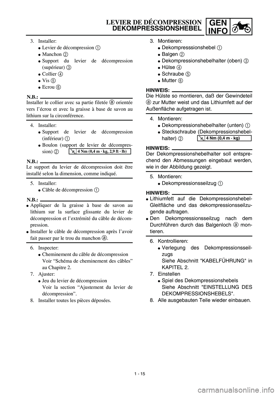 YAMAHA YZ450F 2003  Notices Demploi (in French) GEN
INFOLEVIER DE DÉCOMPRESSION
DEKOMPRESSSIONSHEBEL
3. Installer: 
Levier de décompression 1
Manchon 2 
Support du levier de décompression
(supérieur) 3 
Collier 4 
Vis 5 
Ecrou 6 
N.B.:
In
