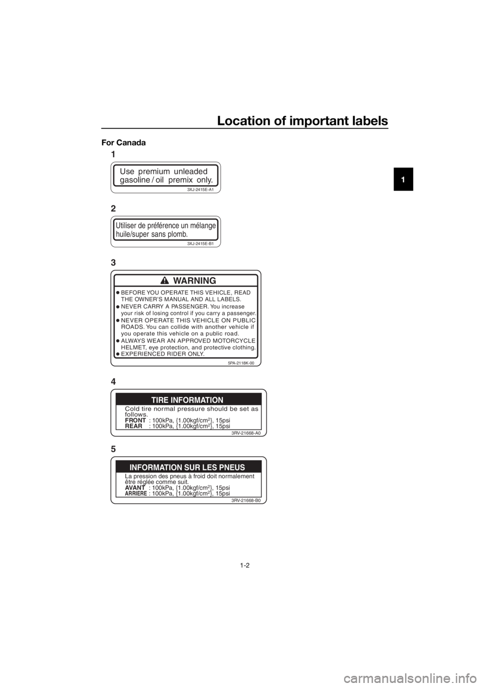 YAMAHA YZ65 2022 User Guide Location of important labels
1-2
1
For Cana
da
Use premium unleaded
gasoline / oil premix only.
3XJ-2415E-A1
Utiliser de préférence un mélange
huile/super sans plomb.
3XJ-2415E-B1
WARNING
BEFO YAMAHA YZ65 2022 User Guide Location of important labels
1-2
1
For Cana
da
Use premium unleaded
gasoline / oil premix only.
3XJ-2415E-A1
Utiliser de préférence un mélange
huile/super sans plomb.
3XJ-2415E-B1
WARNING
BEFO