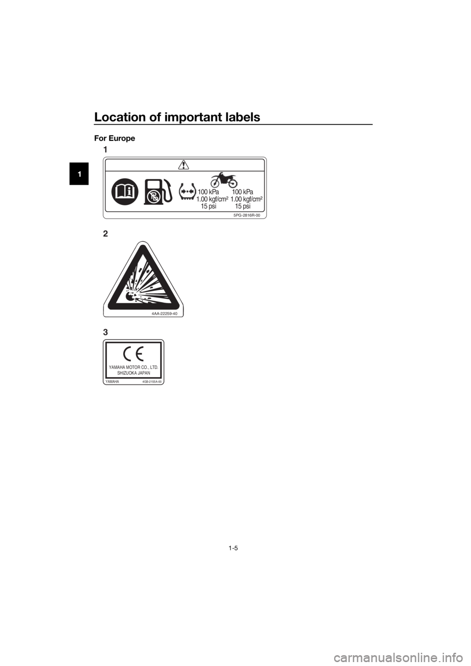 YAMAHA YZ65 2022 User Guide Location of important labels
1-5
1 For Europe
5PG-2816R-00
100 kPa
1.00 kgf/cm²
15 psi
100 kPa
1.00 kgf/cm²
15 psi
4AA-22259-40
YAMAHA MOTOR CO., LTD.
SHIZUOKA JAPAN
YAMAHA4GB-2155A-00
2
3 1 YAMAHA YZ65 2022 User Guide Location of important labels
1-5
1 For Europe
5PG-2816R-00
100 kPa
1.00 kgf/cm²
15 psi
100 kPa
1.00 kgf/cm²
15 psi
4AA-22259-40
YAMAHA MOTOR CO., LTD.
SHIZUOKA JAPAN
YAMAHA4GB-2155A-00
2
3 1