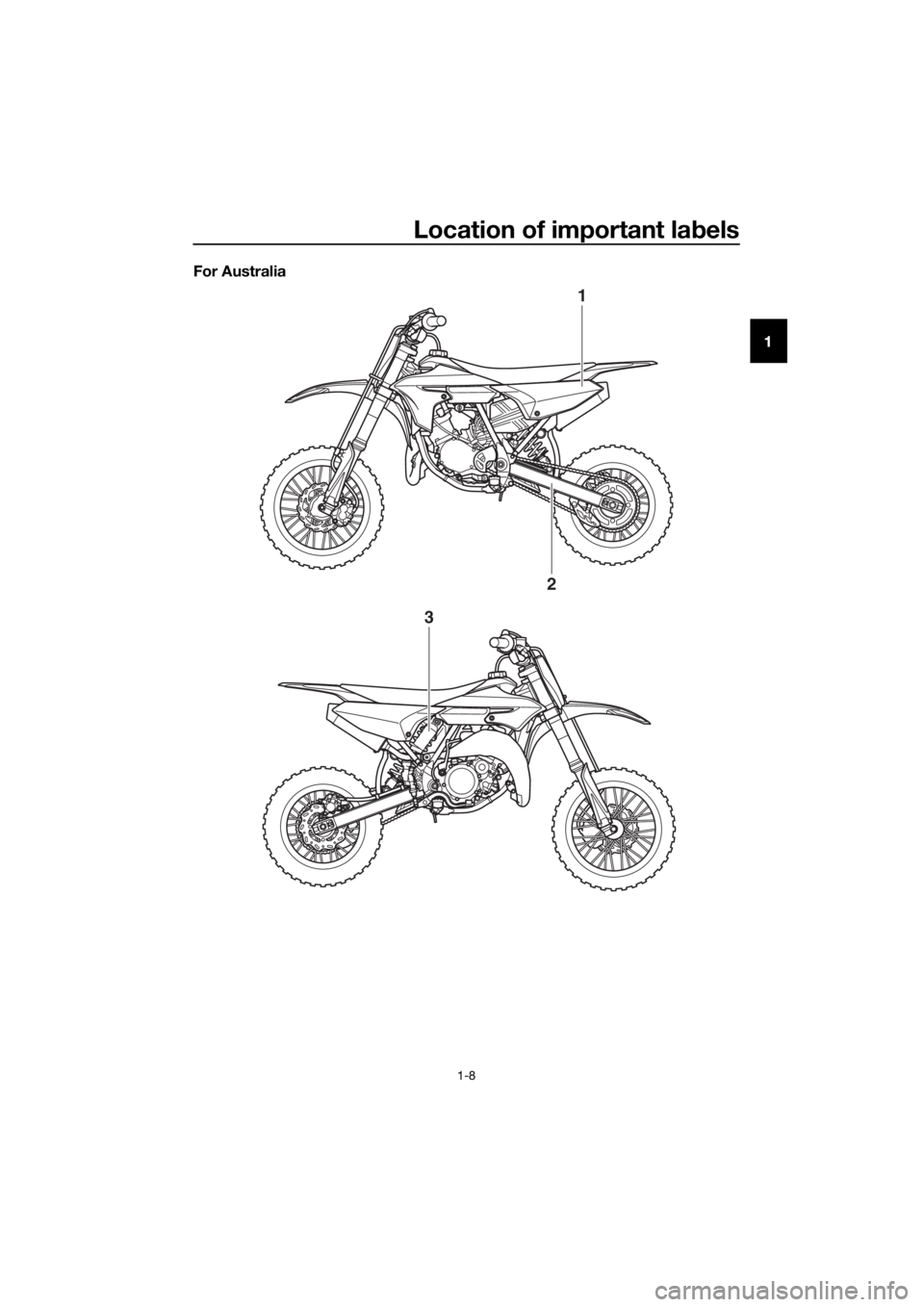 YAMAHA YZ65 2022 User Guide Location of important labels
1-8
1
For Australia
1
2
3
UBR882E0.book Page 8 Wednesd
ay, February 26, 2020 11:39 AM YAMAHA YZ65 2022 User Guide Location of important labels
1-8
1
For Australia
1
2
3
UBR882E0.book Page 8 Wednesd
ay, February 26, 2020 11:39 AM