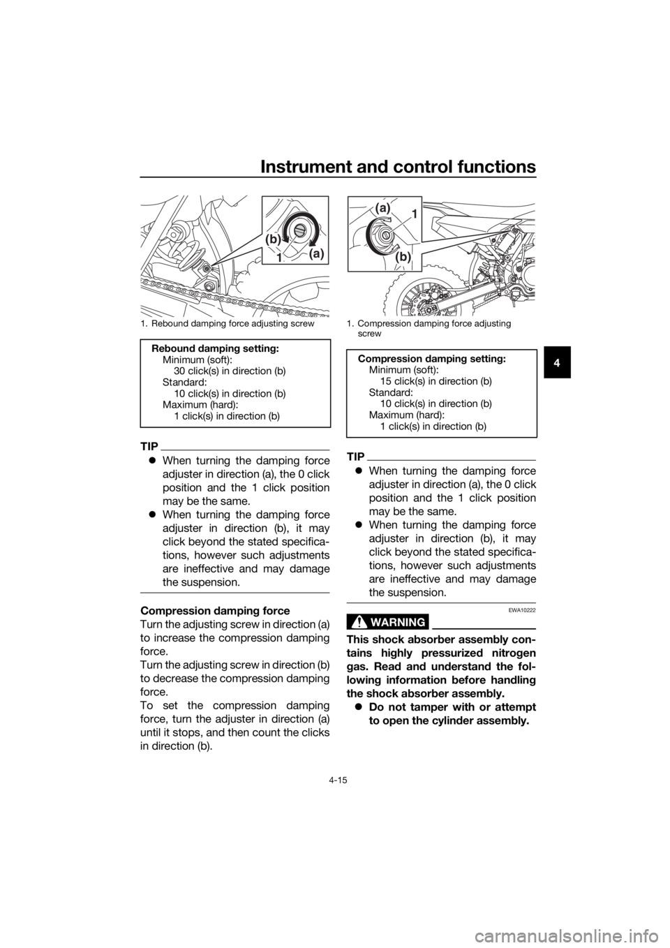 YAMAHA YZ65 2022 Service Manual Instrument and control functions
4-15
4
TIP
When turning the damping force
adjuster in direction (a), the 0 click
position and the 1 click position
may be the same.
When turning the damping fo YAMAHA YZ65 2022 Service Manual Instrument and control functions
4-15
4
TIP
When turning the damping force
adjuster in direction (a), the 0 click
position and the 1 click position
may be the same.
When turning the damping fo