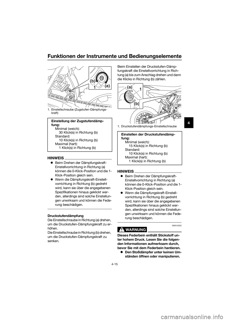 YAMAHA YZ65 2022 Betriebsanleitungen (in German) Funktionen der Instrumente un d Bed ienung selemente
4-15
4
HINWEIS
Beim Drehen der Dämpfungskraft-
Einstellvorrichtung in Richtung (a)
können die 0-Klick-Position und die 1-
Klick-Position glei YAMAHA YZ65 2022 Betriebsanleitungen (in German) Funktionen der Instrumente un d Bed ienung selemente
4-15
4
HINWEIS
Beim Drehen der Dämpfungskraft-
Einstellvorrichtung in Richtung (a)
können die 0-Klick-Position und die 1-
Klick-Position glei