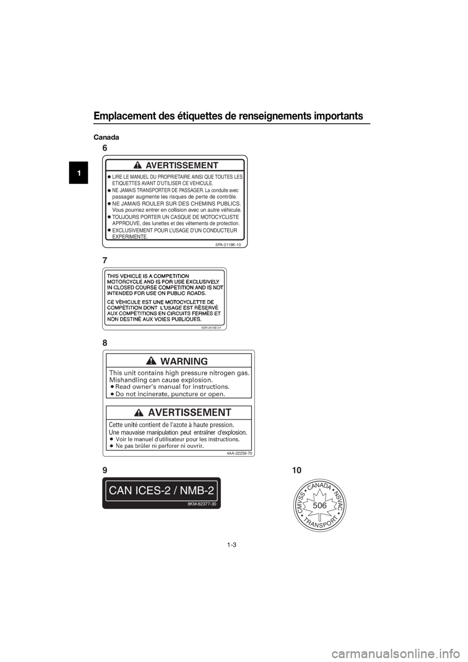 YAMAHA YZ65 2022 Notices Demploi (in French) Emplacement des étiquettes de renseignements importants
1-3
1
Canada
AVERTISSEMENT
LIRE LE MANUEL DU PROPRIETAIRE AINSI QUE TOUTES LES
ETIQUETTES AVANT D’UTILISER CE VEHICULE.
NE JAMAIS TRANSPORTER YAMAHA YZ65 2022 Notices Demploi (in French) Emplacement des étiquettes de renseignements importants
1-3
1
Canada
AVERTISSEMENT
LIRE LE MANUEL DU PROPRIETAIRE AINSI QUE TOUTES LES
ETIQUETTES AVANT D’UTILISER CE VEHICULE.
NE JAMAIS TRANSPORTER