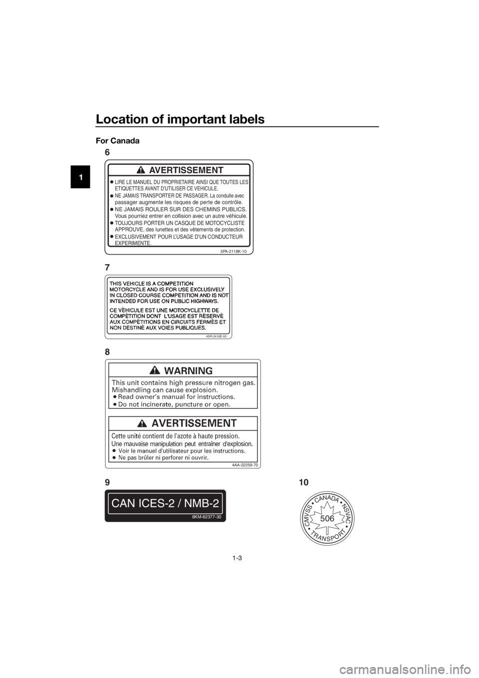 YAMAHA YZ65 2020 User Guide Location of important labels
1-3
1 For Cana
daAVERTISSEMENT
LIRE LE MANUEL DU PROPRIETAIRE AINSI QUE TOUTES LES
ETIQUETTES AVANT D’UTILISER CE VEHICULE.
NE JAMAIS TRANSPORTER DE PASSAGER. La conduit