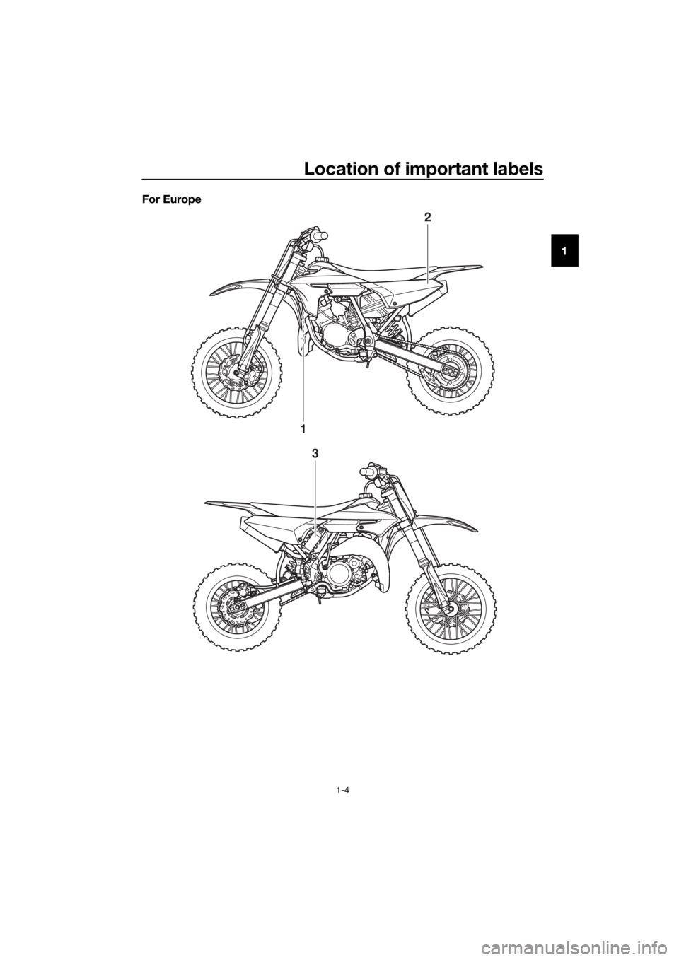YAMAHA YZ65 2020 User Guide Location of important labels
1-4
1
For Europe
2
3
1
UBR881E0.book  Page 4  Tuesday, April 2, 2019  9:44 AM 