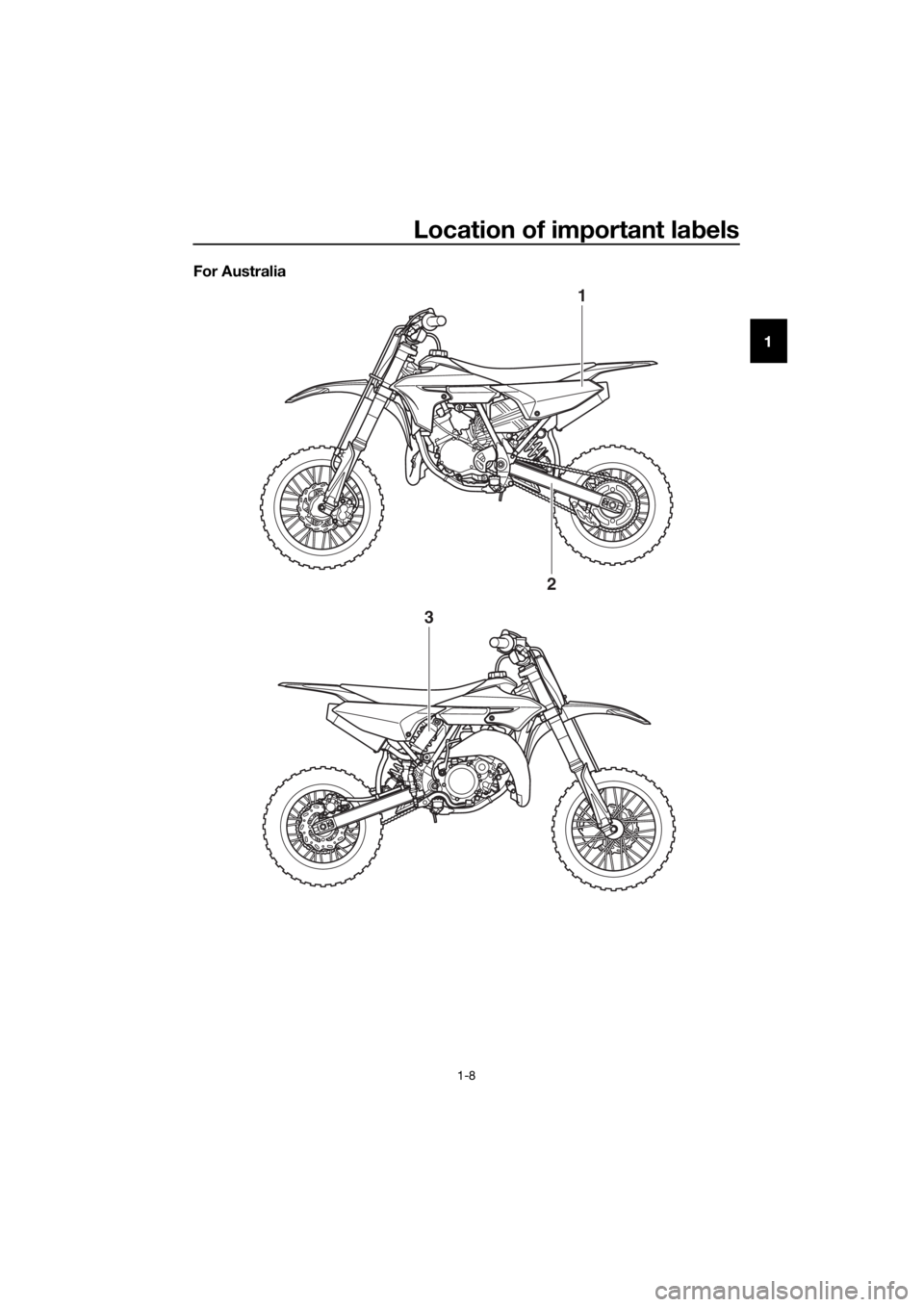 YAMAHA YZ65 2020 User Guide Location of important labels
1-8
1
For Australia
1
2
3
UBR881E0.book  Page 8  Tuesday, April 2, 2019  9:44 AM 