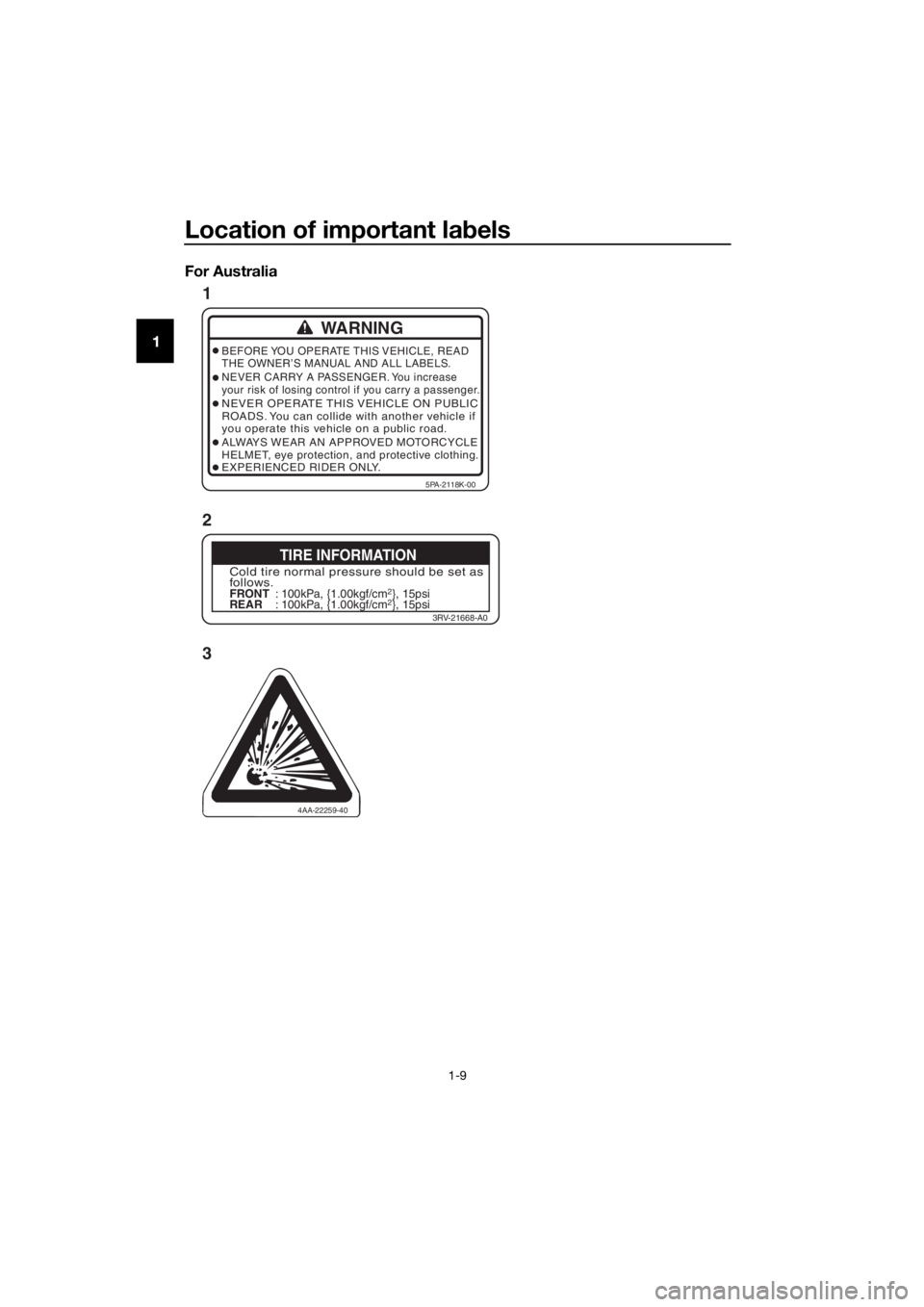 YAMAHA YZ65 2020 User Guide Location of important labels
1-9
1 For Australia
4AA-22259-40
WARNING
BEFORE YOU OPERATE THIS VEHICLE, READ
THE OWNER’S MANUAL AND ALL LABELS.
NEVER CARRY A PASSENGER. You increase
your risk of losi